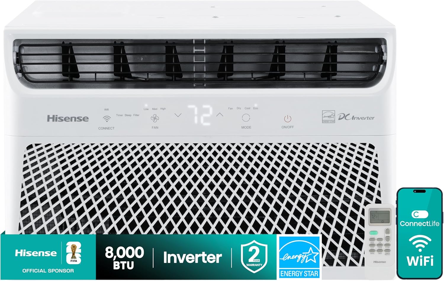 Product image of Hisense 8,000 BTU Smart Inverter Window Air Conditioner, 3 modes (Cooling, Fan, Dehumidifier), Easy Installation,Ultra Quiet, 37.6% more Energy Saving, 2 Years Warranty