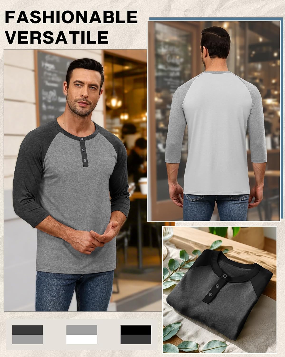 3 Pack Men's 3/4 Sleeve Baseball Raglan T-Shirts S-3XL, Henley Tops Sport Athletic Jersey Tee Buttons Shirts