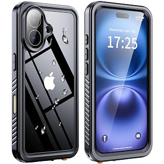 ANTSHARE IP68 Waterproof Case for iPhone 16 - Built-in Screen/Lens Protector - Military Drop Shockproof Full Body Protection for Swimming/Outdoor, Black/Clear - Amazon product rated Grade B