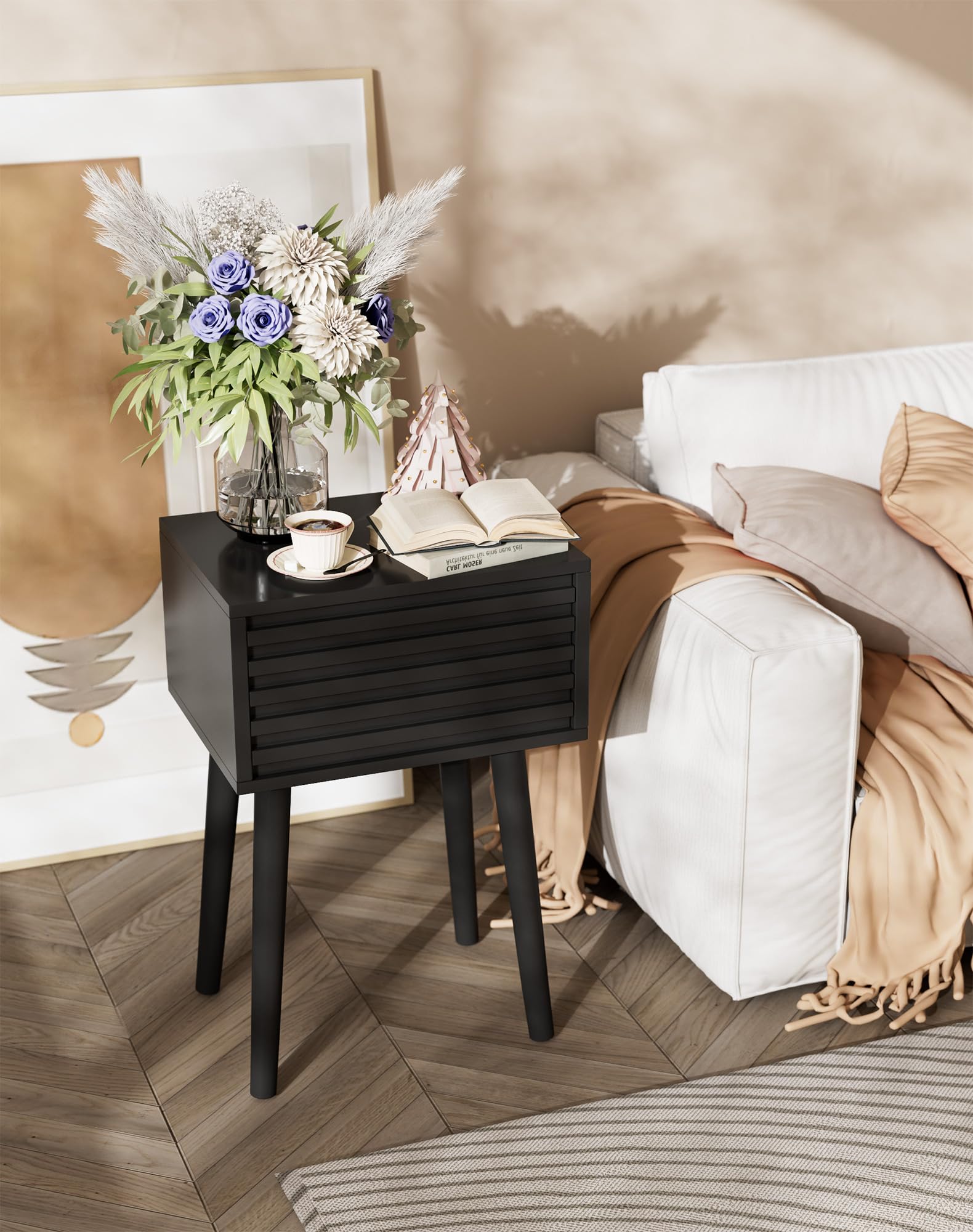 YMYNY Set di 2 Comodini, Tavolini da Salotto, Stile Mid-Century Moderno Canaliato, Cassetto a Apertura a Pressione, Gambe in legno massello, 35×27×53cm, per Camera da Letto, Soggiorno, Nero HST018B-2