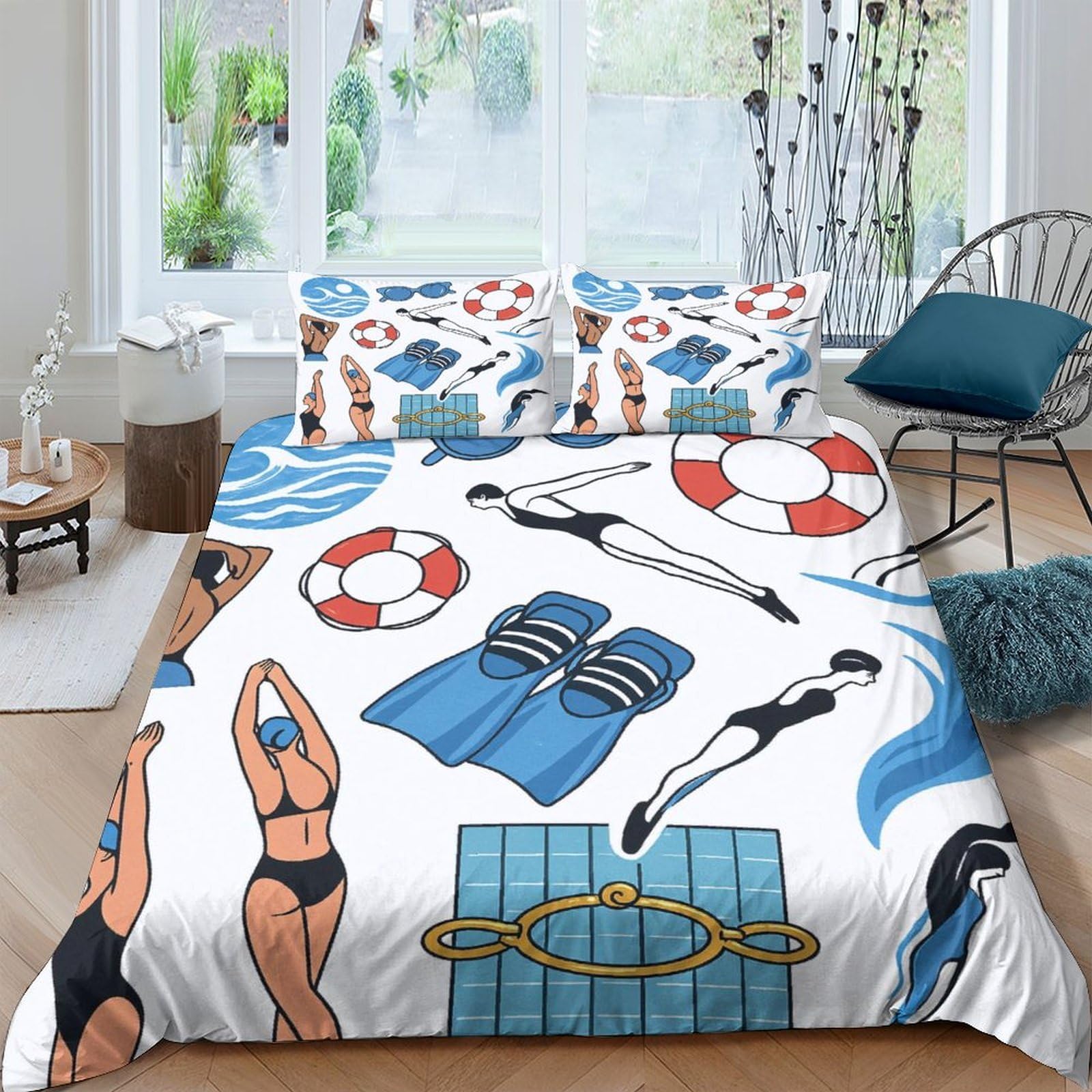Ctjqhvkz Style-2 3D Printed Swimming Pool Fitted Sheet Microfiber Soft Breathable Lifebuoy Mattress Cover For Bedroom Dorm Decor Single（135X200cm）