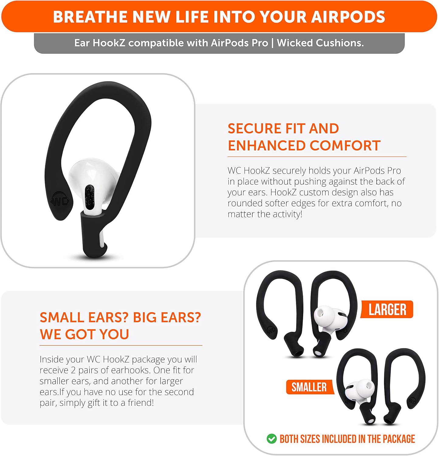 WC HookZ Combo Pack - Upgraded Over-Ear Hooks for AirPods Pro - 2 Pairs of Large & Small Size Included in Package Made by Wicked Cushions | Winter White & Pitch Black