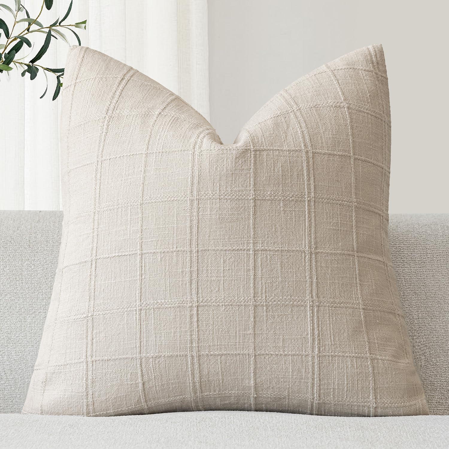 Foindtower Set of 1 Decorative Linen Check Throw Pillow Cover Neutral Farmhouse Vintage Cushion Cover Modern Boho Home Decor for Sofa Chair Couch Bedroom Living Room Outdoor,16×16 Inch,Natural Beige