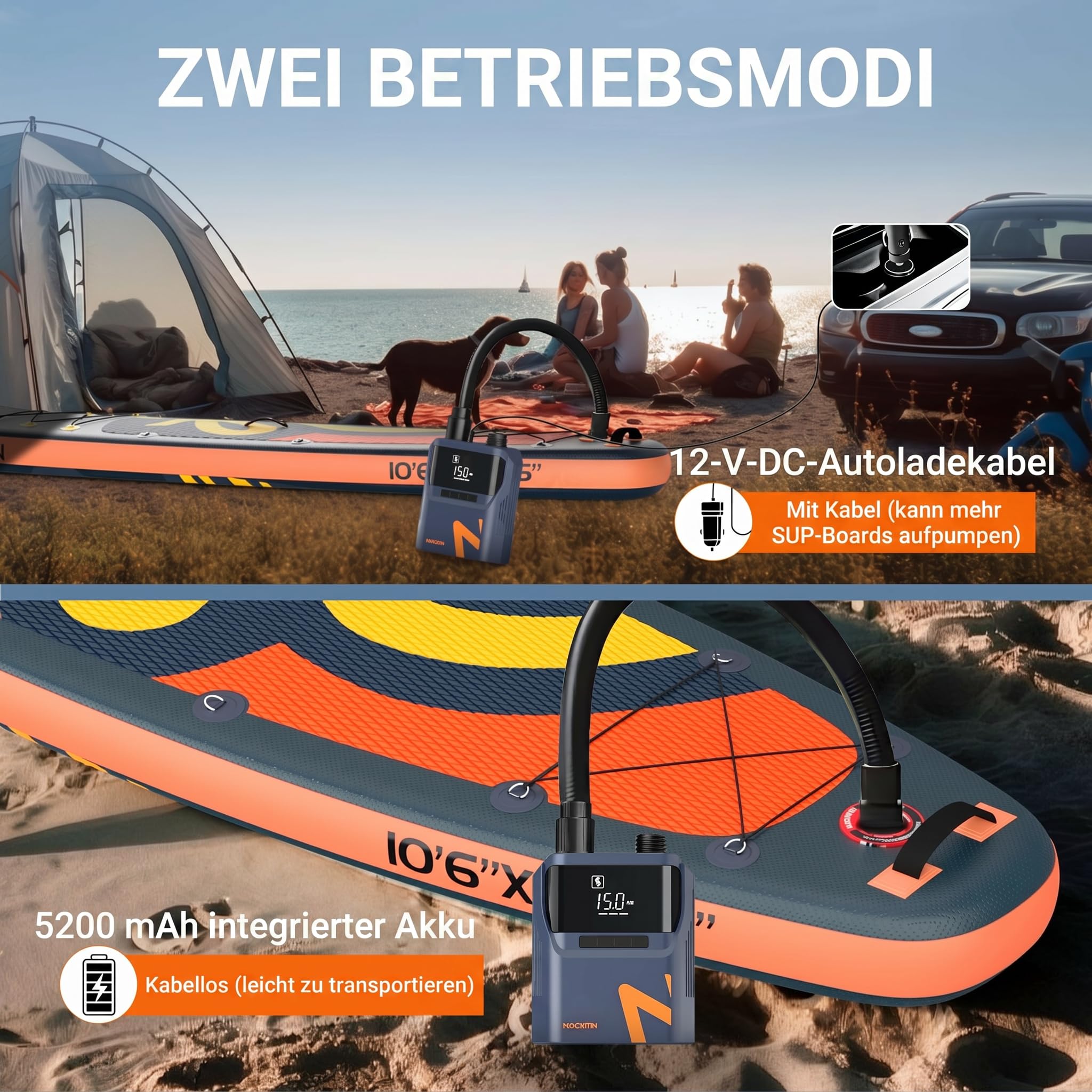 NACATIN 50PSI Elektrische SUP Pumpe, Wiederaufladbare Paddle Board Pumpe mit 5200mAh Akku & 12V Autoanschluss, Zweistufige Schnellinflation & Auto-Off, 6 Düsen für Schlauchboote, Autoreifen