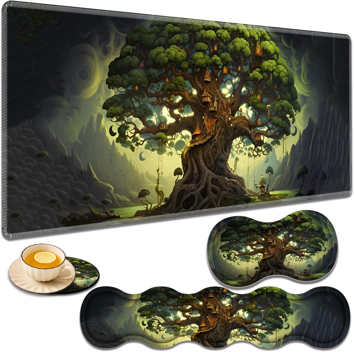 Gaming Mouse Pad Set, Large Gaming Mouse Pad+Keyboard Wrist Rest+Mouse Wrist Rest+Coaster, Easy Typing Pain Relief, 31.5 × 11.8 inch Desk Mat for Home Office - Life Tree