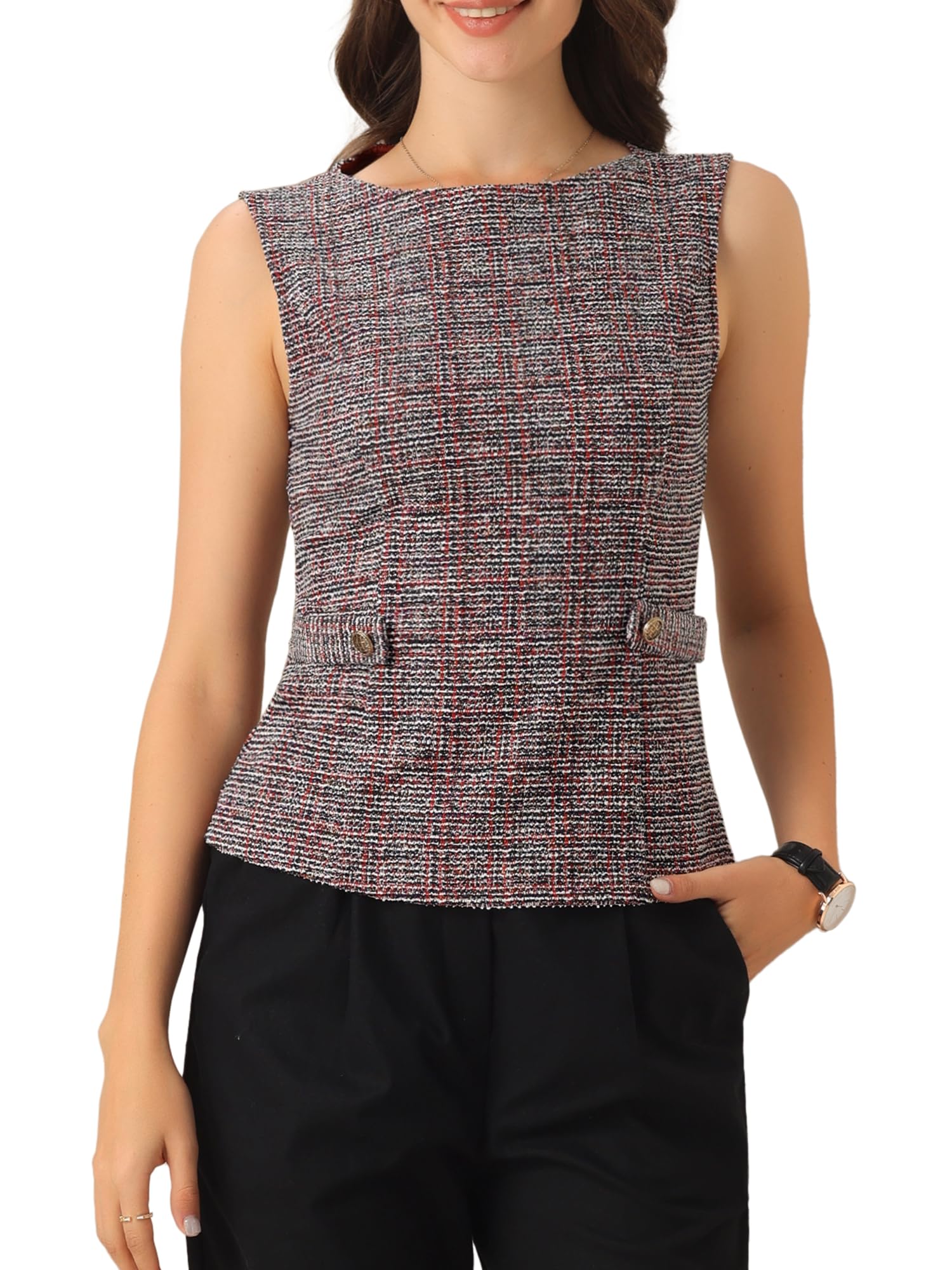 Allegra K Tweed Top for Women Elegant Sleeveless Crew Neck Business Casual Blazer Vest Tops