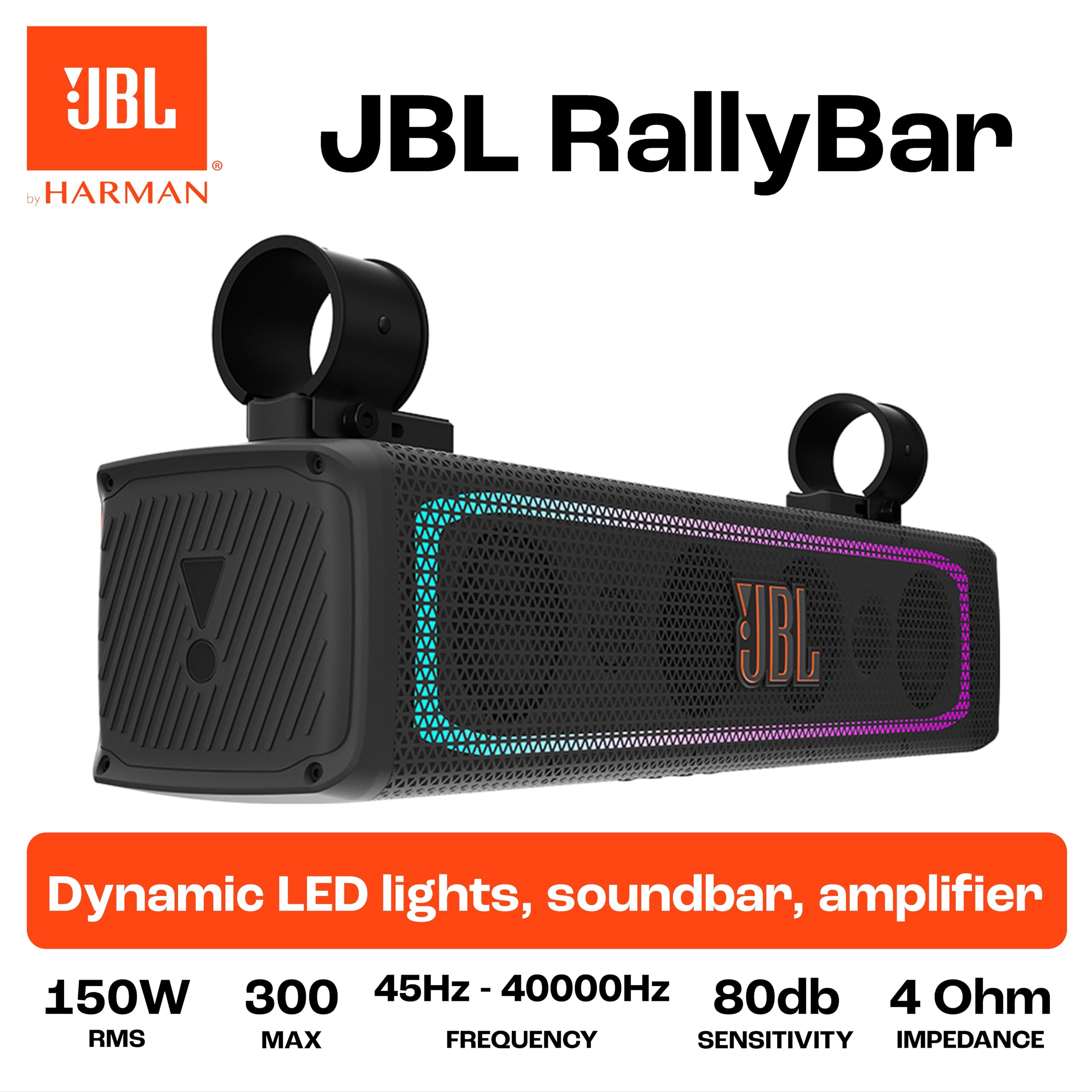 JBL RALLYBAR Soundbar Esterna 21 Pollici con 150W RMS e 300W Peak Bluetooth 5.3 IP66 resistente all’acqua luci LED ideale per UTV barche e veicoli ricreativi audio chiaro e potente con resa affidabile