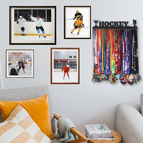 Miniatura 7 de Goutoports Soporte de exhibición de medallas de hockey para carreras deportivas, metal de acero negro resistente con más de 60 medallas, fácil de