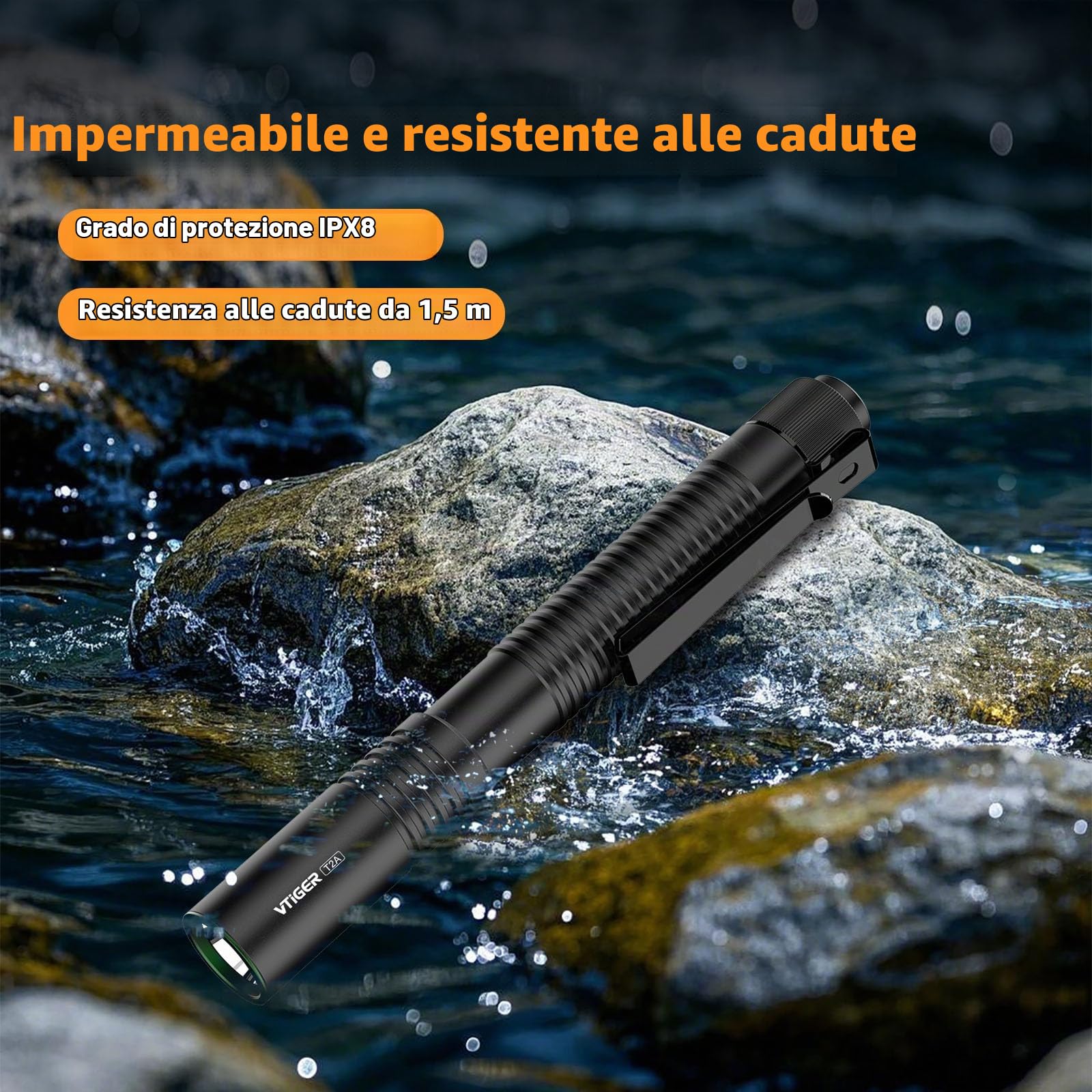 VTIGER T2A Torcia EDC Compatta 1500 Lumen – LED Ricaricabile AA con Pulsante Tattico Posteriore e Magnete per Campeggio, Escursionismo, Esterno, Casa ed Emergenze