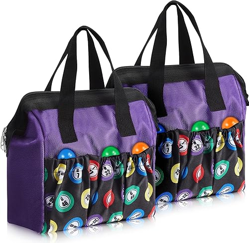 Bolsa de bingo Dauber de 2 piezas, bolsa de bingo con asa y cremallera, con 6 bolsillos externos y 3 bolsillos internos para salir (color morado)