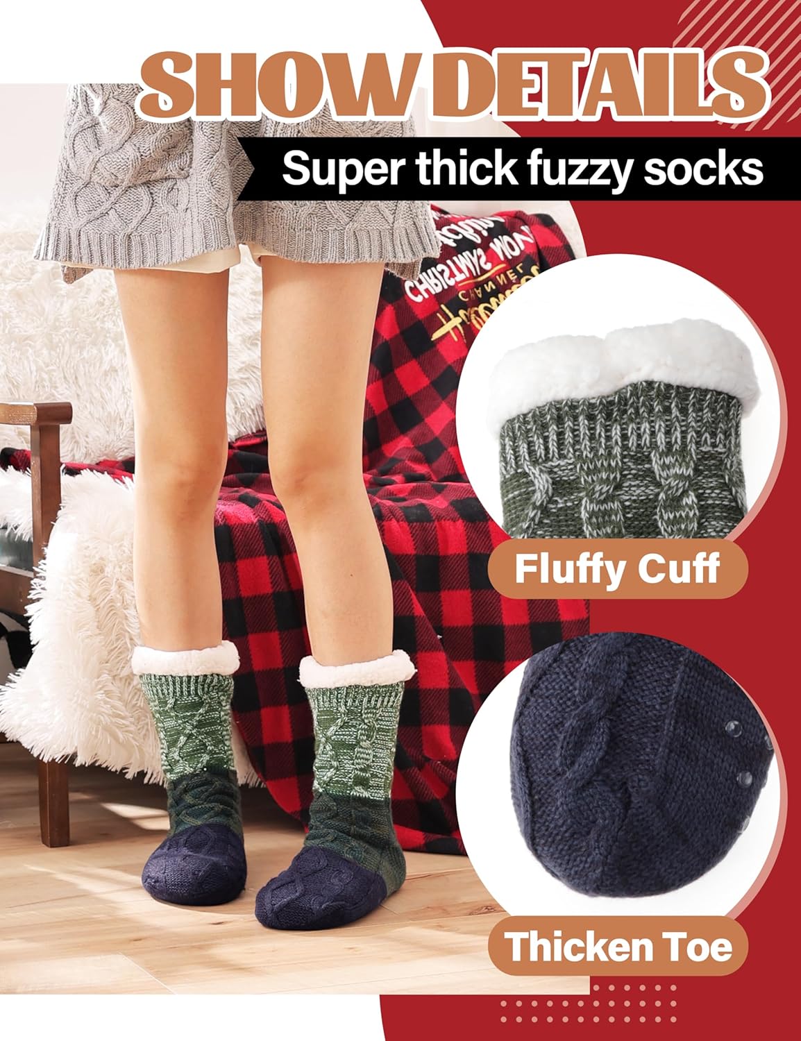Anlisim Women Slipper Socks Non Slip Fuzzy Fluffy Thick Warm Cabin Cozy Comfy Soft Fleece Home Grips Socks - Image 4