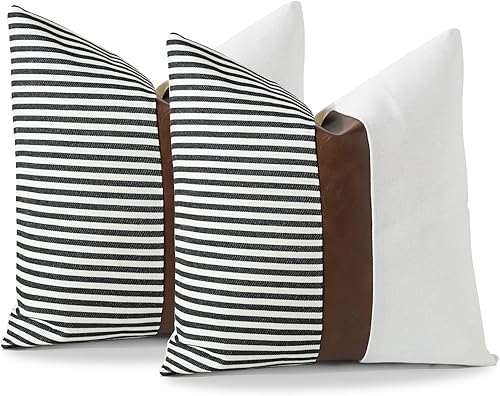 Miniatura 3 de OTOSTAR Juego de 2 fundas de almohada de lino con parches de rayas de 24 x 24 pulgadas, fundas de almohada modernas de piel sintética marrón bohemio