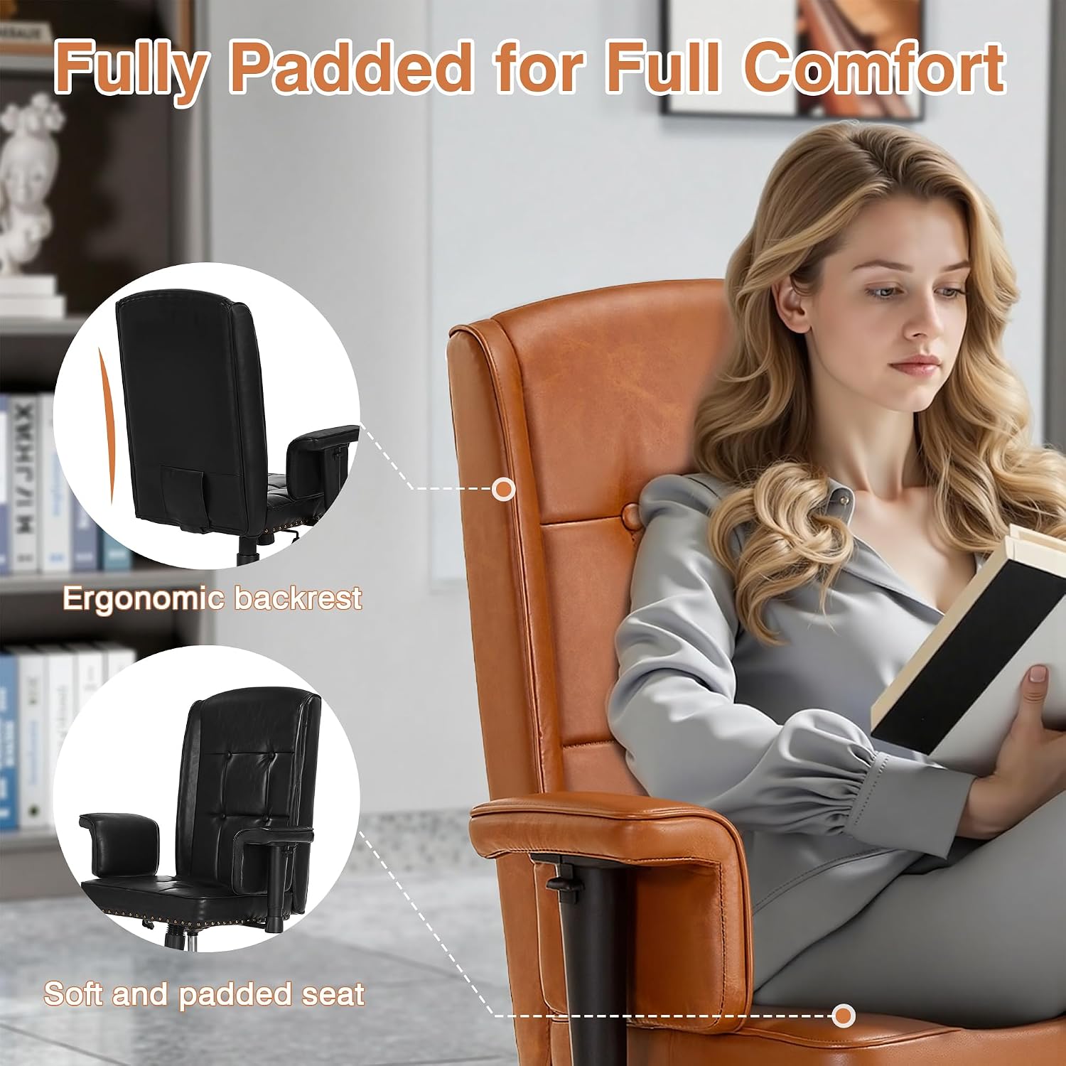 VECELO High Back Executive Office Chair with Wheels – PU Leather Ergonomic Desk Chair, Adjustable Height & Padded Armrests, Swivel Task Chair for Home Office, Brown