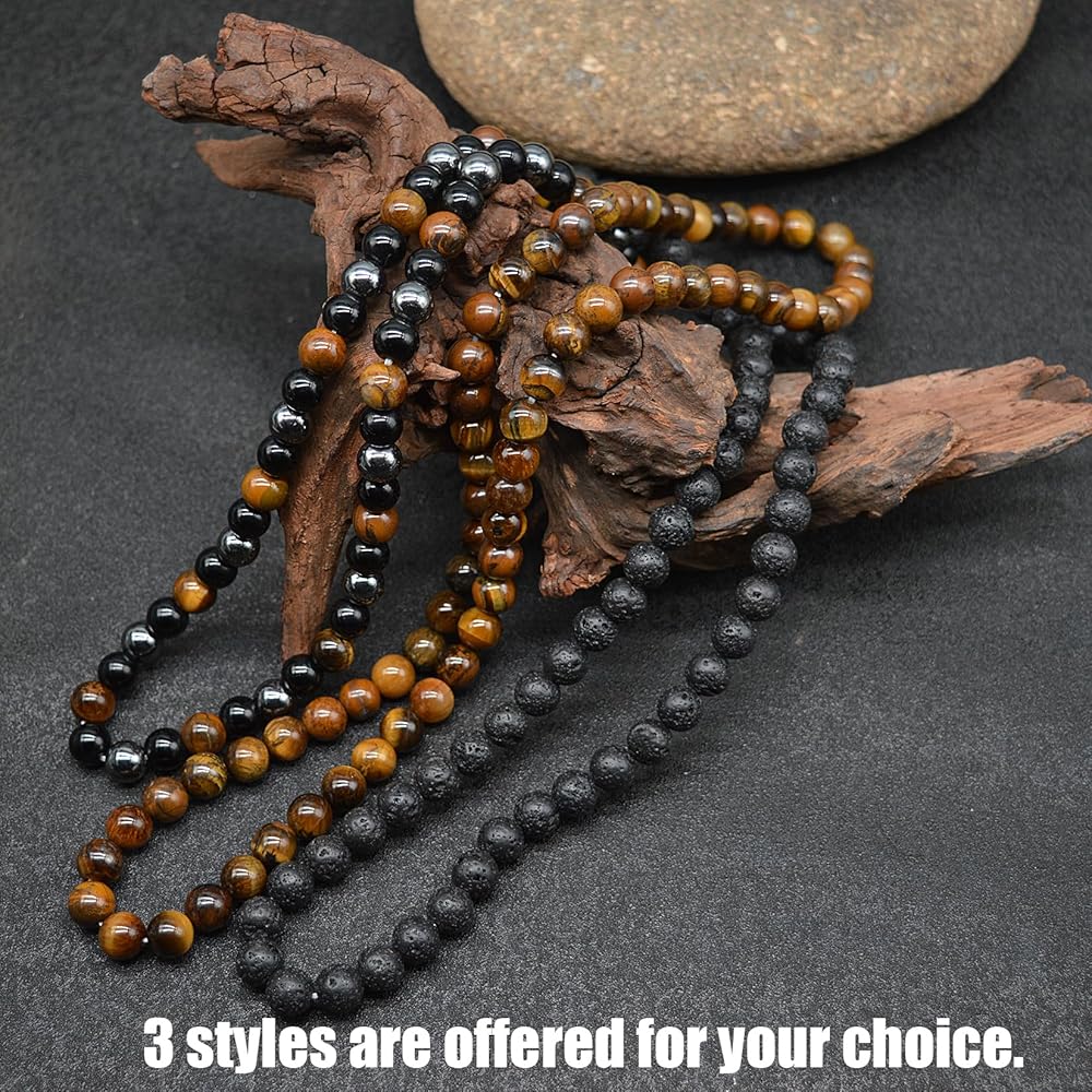 KIKILA 8MM Natural Tiger Eye Lava Stone Beaded Choker
