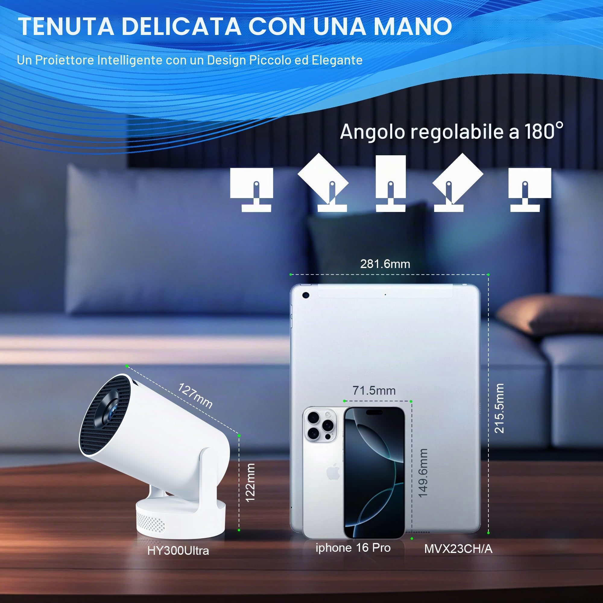 Mini videoproiettore 4K Android 11 WiFi 6/BT 5.4 per telefono PC portatile HDMI Home Cinema Certificato Netflix (HY300ultra)