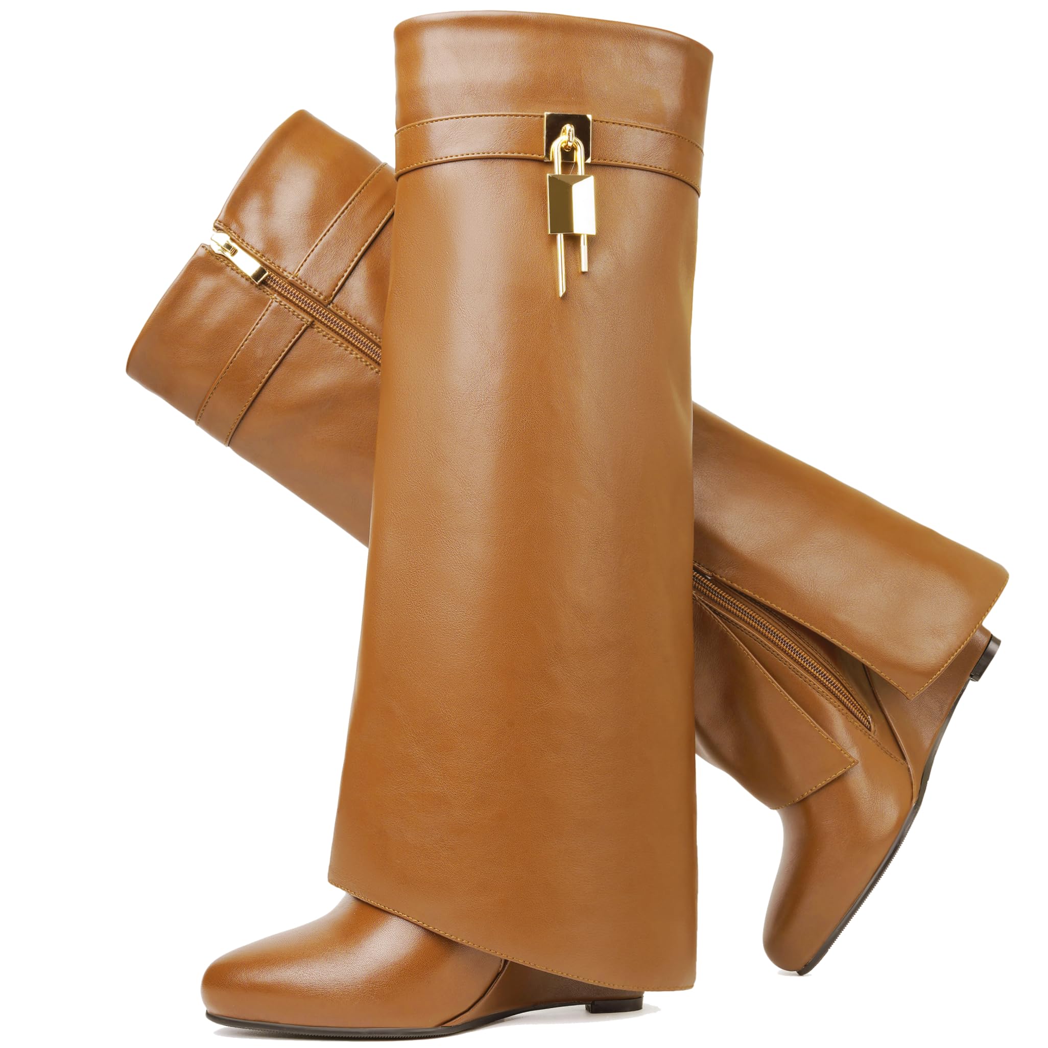 Women's Fold Over Knee High Shark Boots 4-Inch Wedge Heel Side Zipper