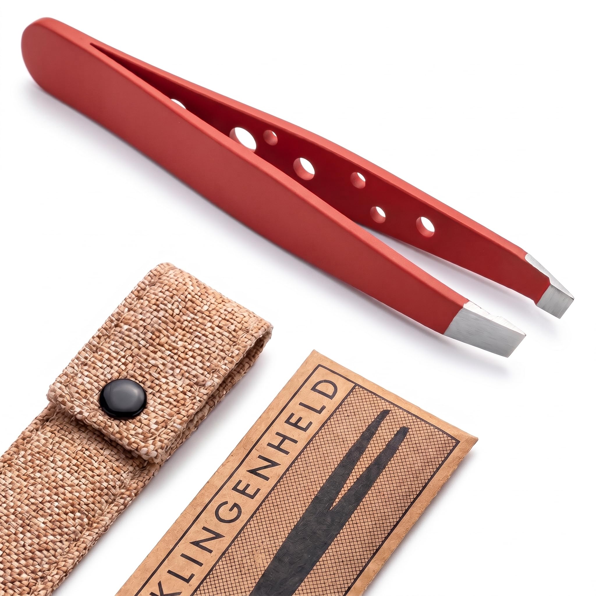 KLINGENHELD® Haargenaue Pinzette - greift jedes Haar beim 1. Versuch ohne durchrutschen - Pinzette Augenbrauen Zupfen handgeschliffen, schließt Jahr für Jahr bündig - Jute-Etui (50 Farben)