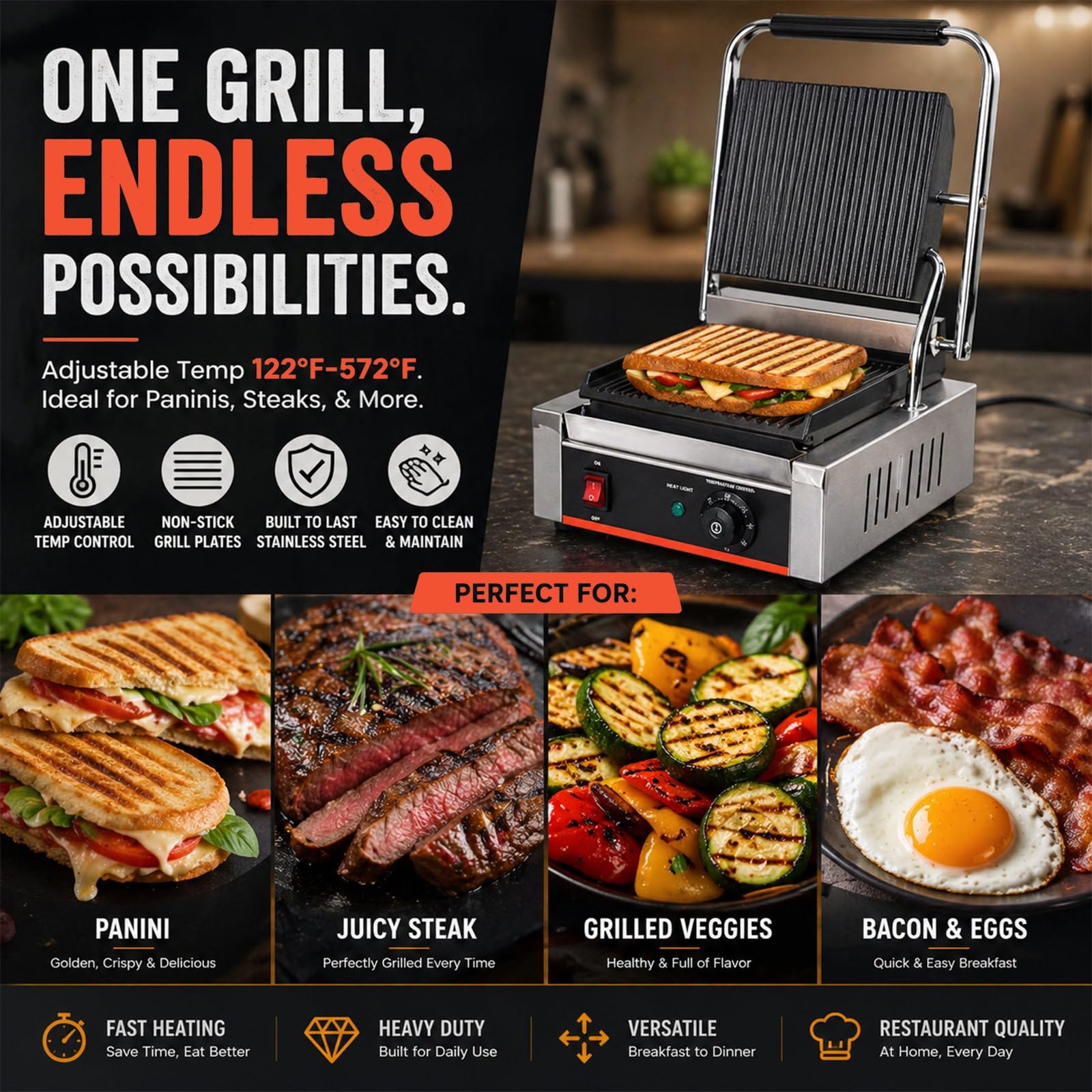 Piastra per panini Professionale da 1800 W - Griglia elettrica Professionale in Acciaio Inox con Piastre in ghisa per panini Artigianali, bistecche e Riscaldamento Uniforme (Commercial)