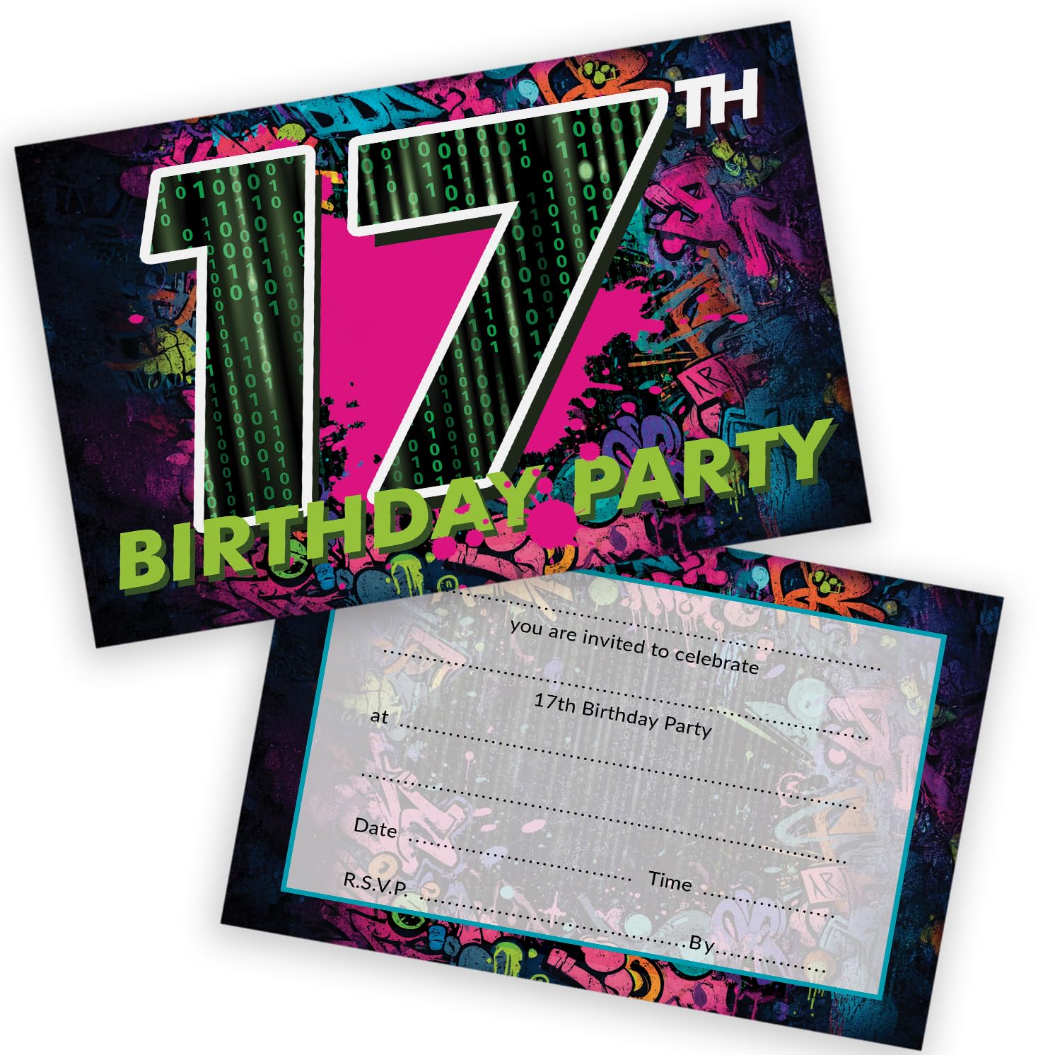 Stuff4 Playful 17th Birthday Party Invitations - Party Vibes All Round - Digital Neon Design with Bold Pink, Green and Black - 20 Pack, Envelopes Included
