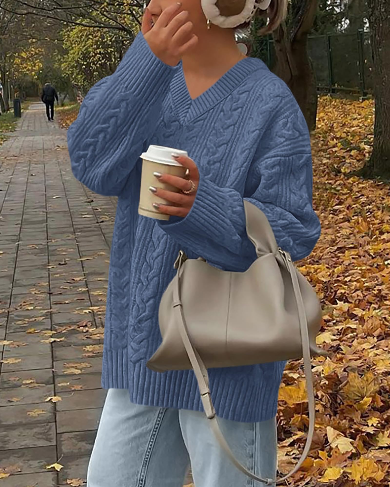 Okiwam Maglioni oversize da donna autunno 2025 a maniche lunghe con scollo a V in maglia a trecce pullover top grossi abiti alla moda