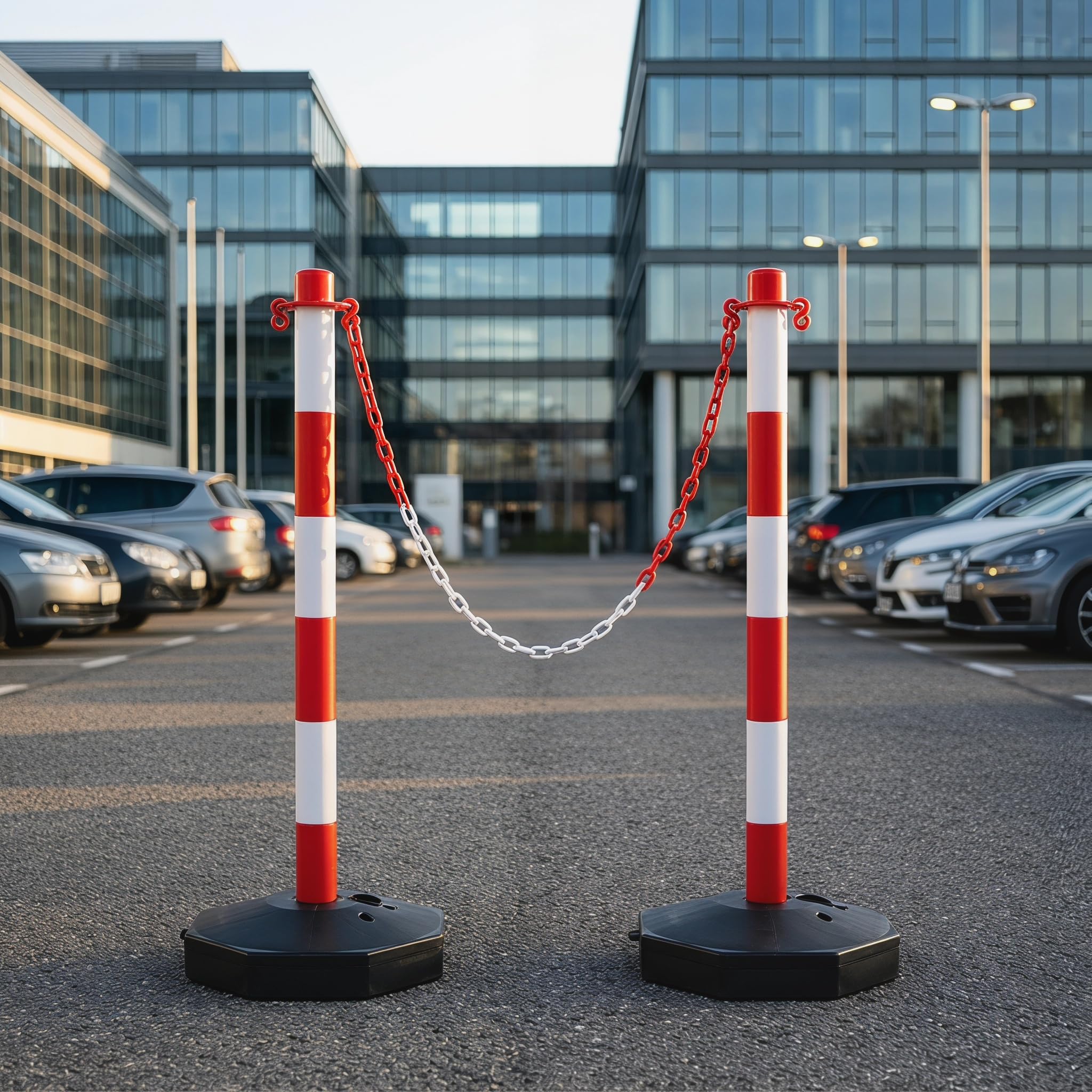 XMTECH Słupki odgradzające z łańcuchem – 4 sztuki słupków z podstawką, łańcuch z tworzywa sztucznego, 4 x 1,4 m, mobilny stojak łańcuchowy, blokada parkingu, placu budowy i bezpieczeństwa, czerwony