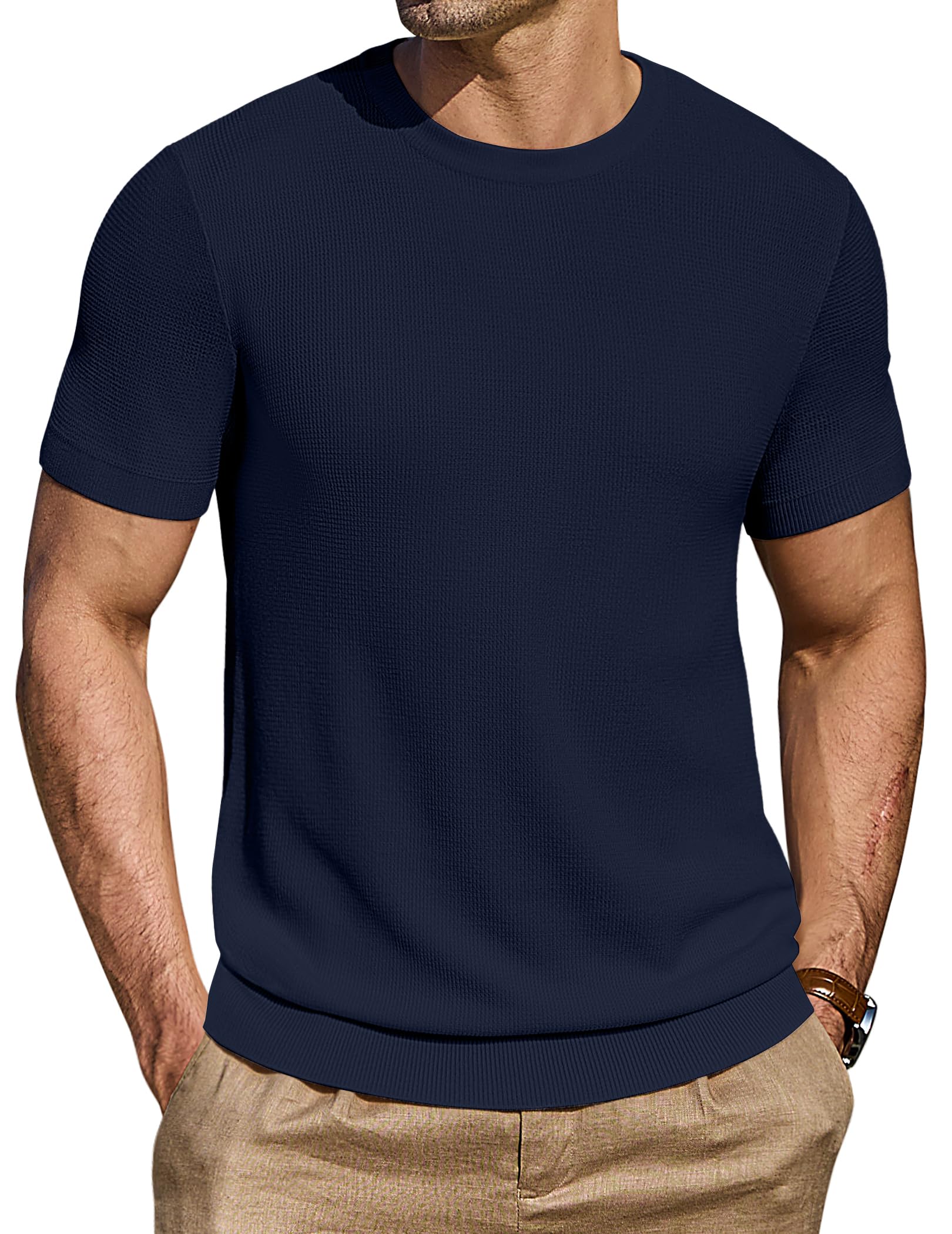 COOFANDY T-Shirts für Herren Kurzarm Strick Shirt mit Rundhals Sommer Shirt Oberteile