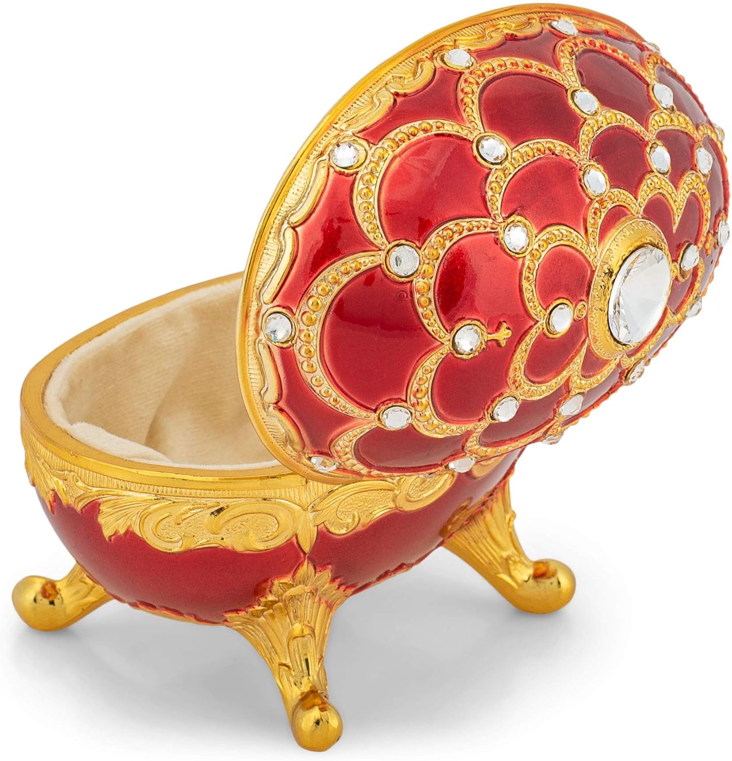 Splendid Faberge Style Red Egg Shaped Music Box Jewelry Box Crystallized with Sparkling Elements Playing Ode to Joy