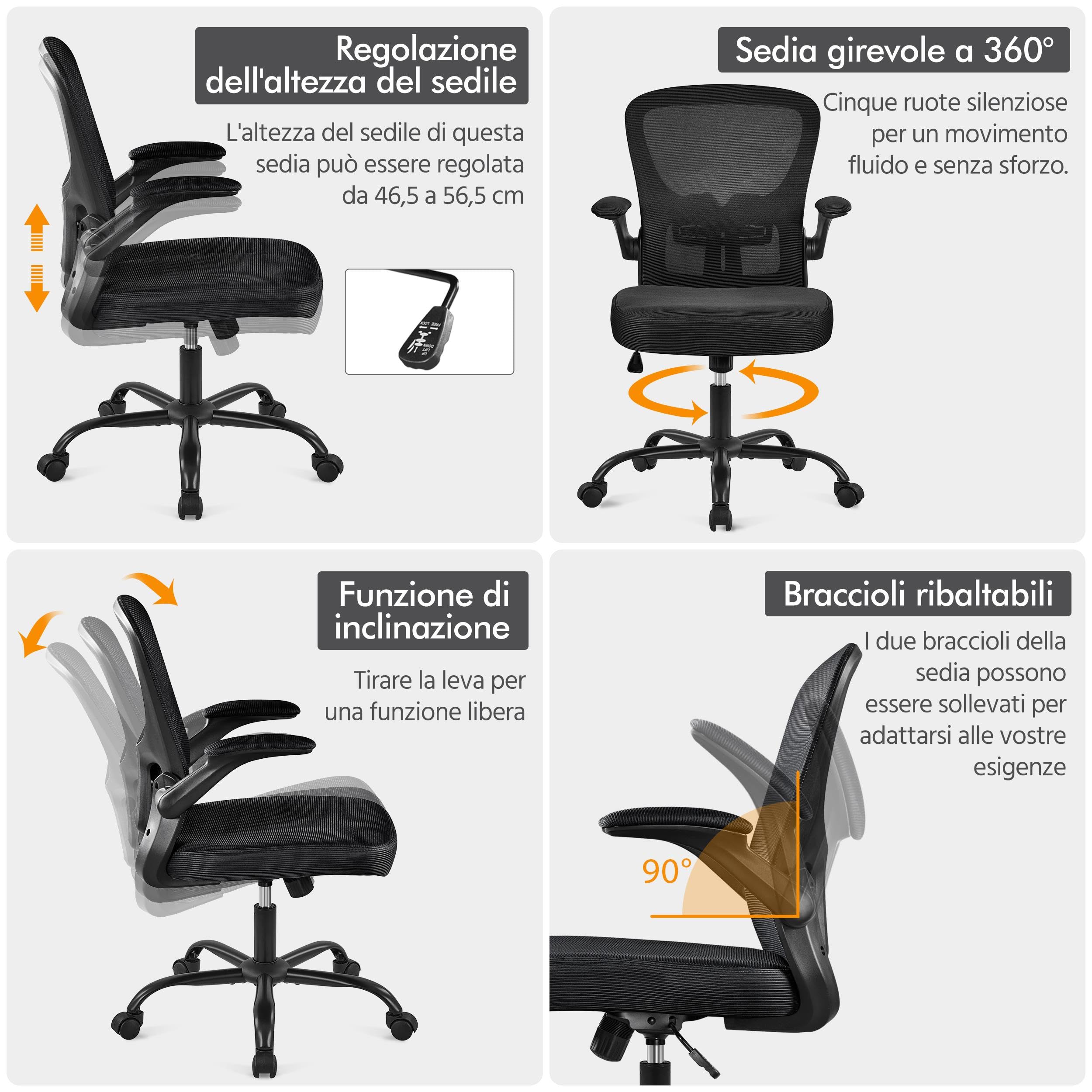 Sedia da Ufficio con Supporto Lombare, Sedia Scrivania Ergonomica con Braccioli Regolabili in Rete Traspirante, Altezza Regolabile e Schienale Inclinabile con Ruote Girevoli Nero
