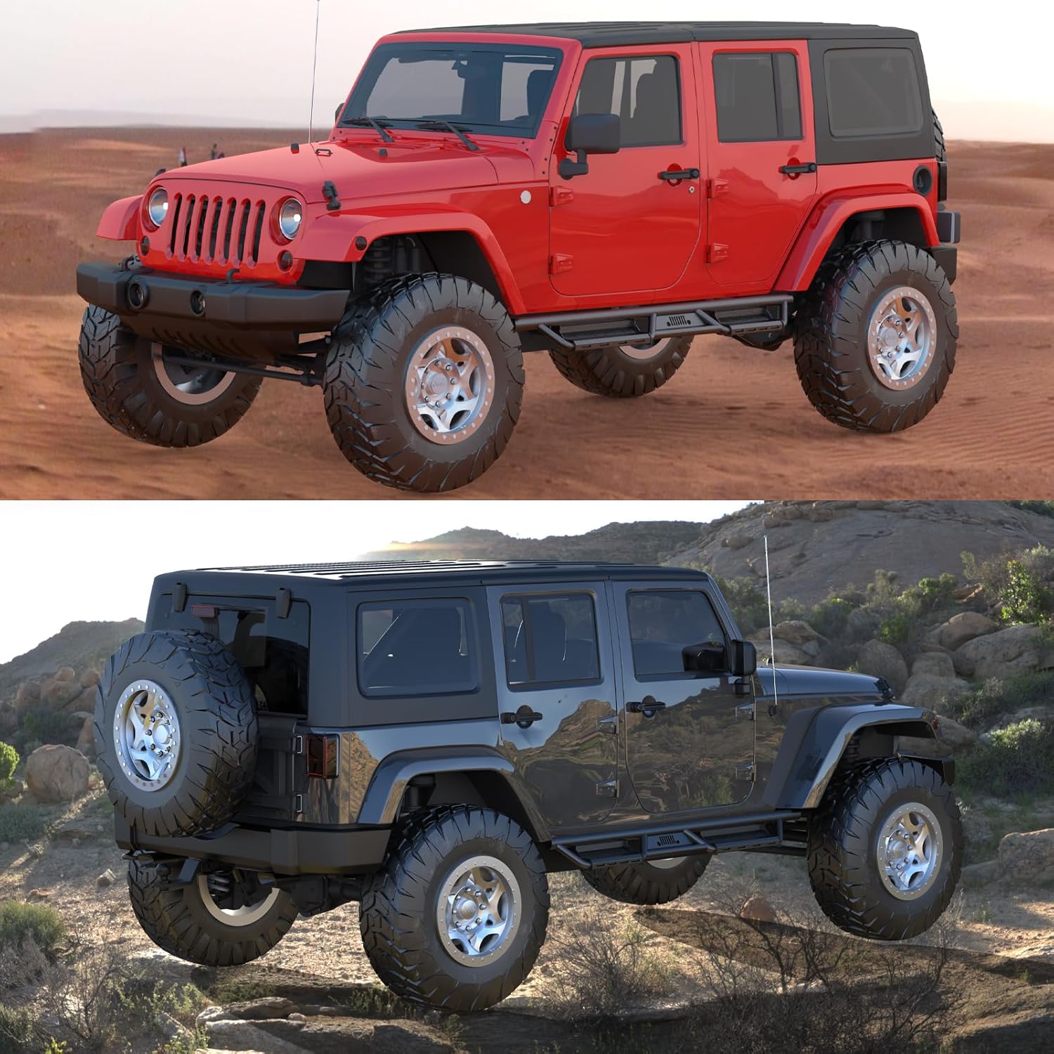 Running Boards for 2007-2018 Jeep Wrangler JK JKU Unlimited 4 Door, 6-Inch Two-Step Side Step Rails, Durable Black Coated Carbon Steel Nerf Bars