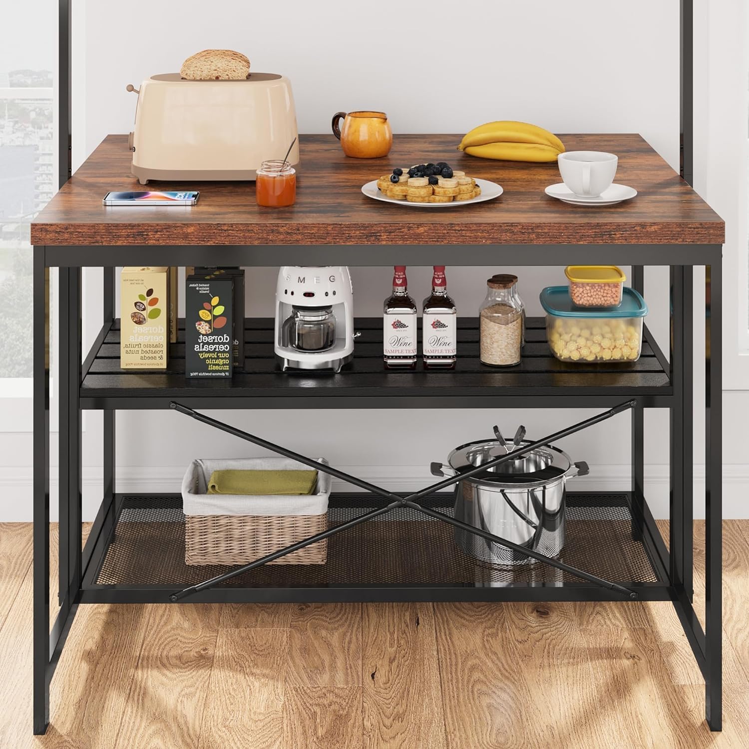 Grande supporto da cucina, supporto per forno a microonde, ripiano portaoggetti da cucina a 3 livelli, 5 ganci, tavolino in metallo per sala da pranzo o soggiorno, 106 x 71 x 183 cm
