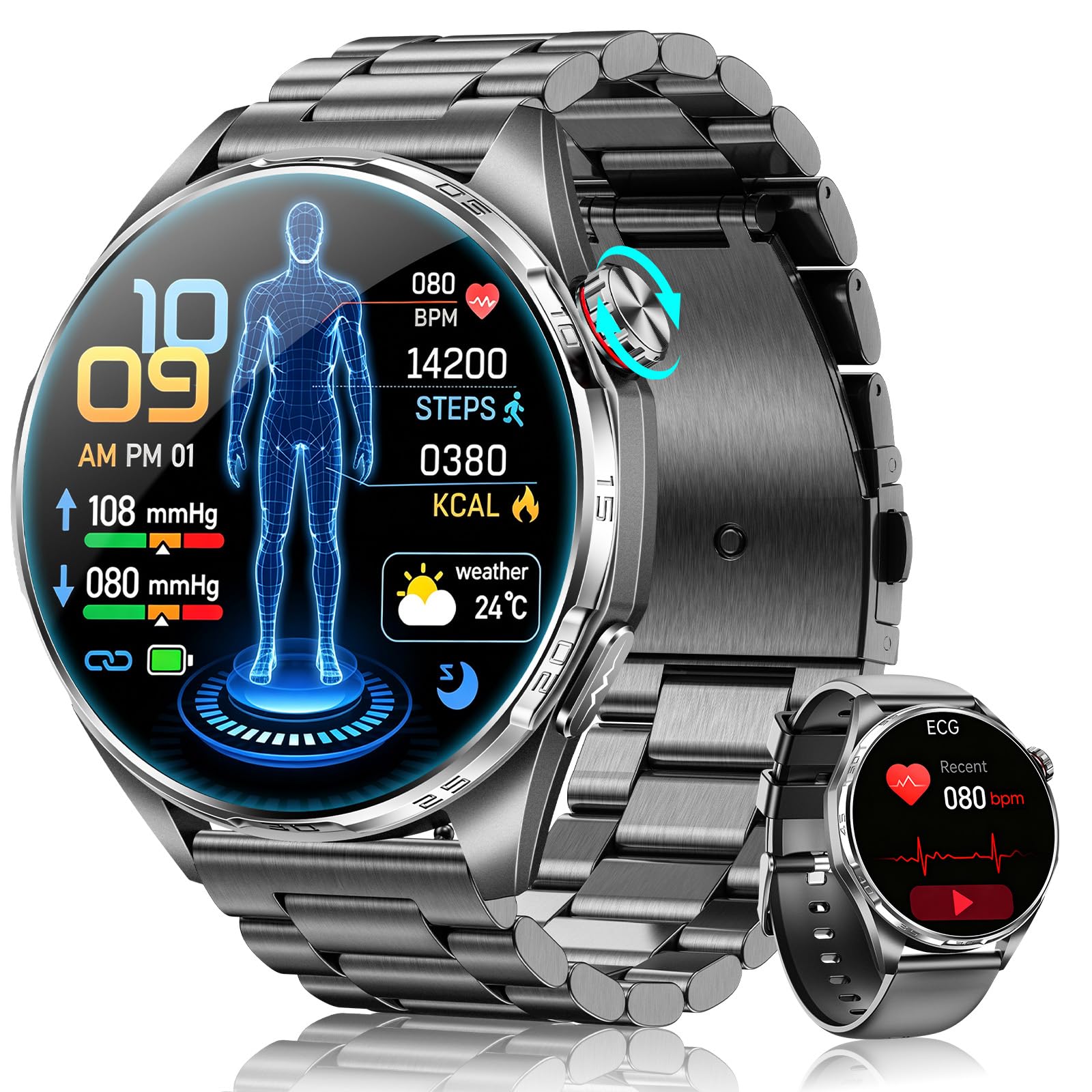 FOSMET Smartwatch Herren, ECG/HRV/BMI/MET & Mikro-Gesundheitscheck, Schwarz | Gesundheitsuhr, 1.45" AMOLED, Körpertemperatur, Herzfrequenz, Blutdruck, SpO2, Schlaf, 70+ Sportmodi, Stimmung, 5ATM, SOS