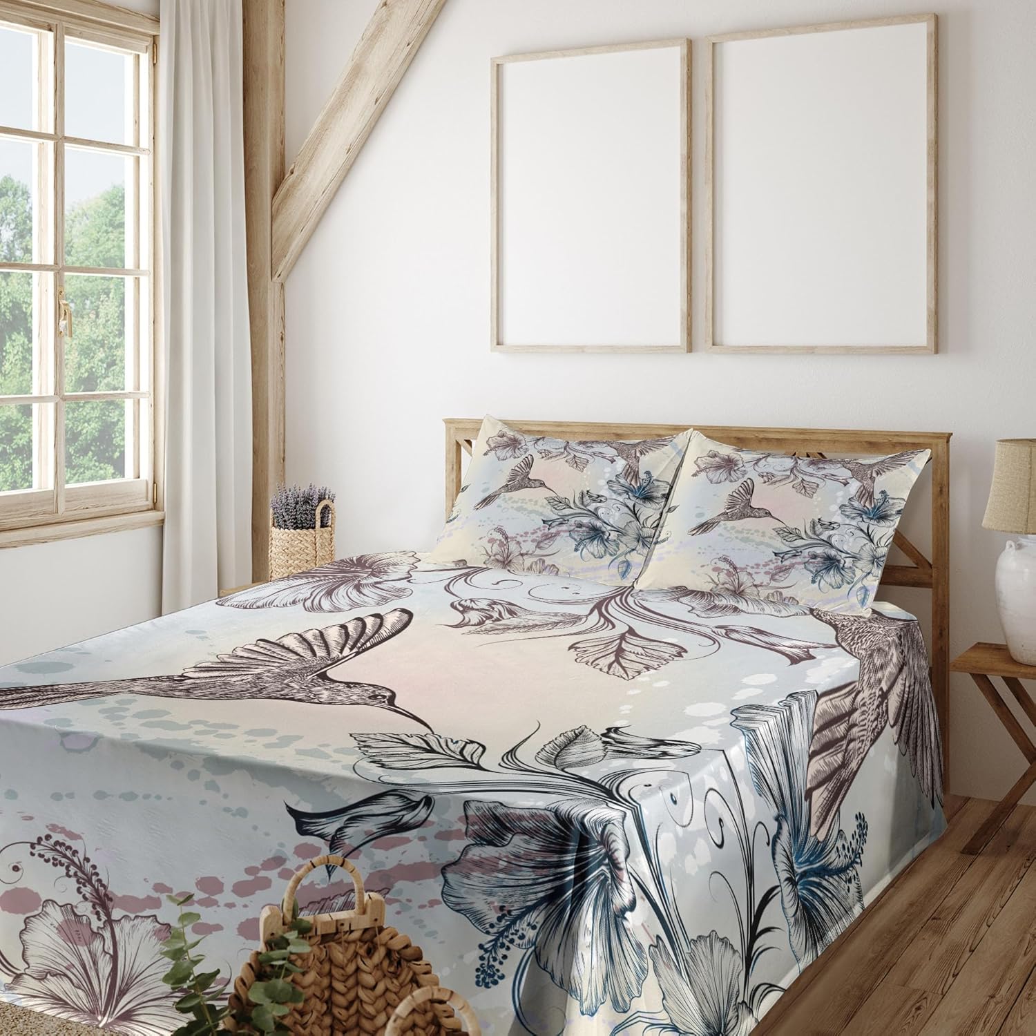 Ambesonne Hummingbird Sheet Set, Birds and Hibiscus Flowers Nostalgia Antique Design Classical Print, Fitted and Flat Sheet with Pillowcases Bedding Accent 4 Piece Set, Full, Teal Brown