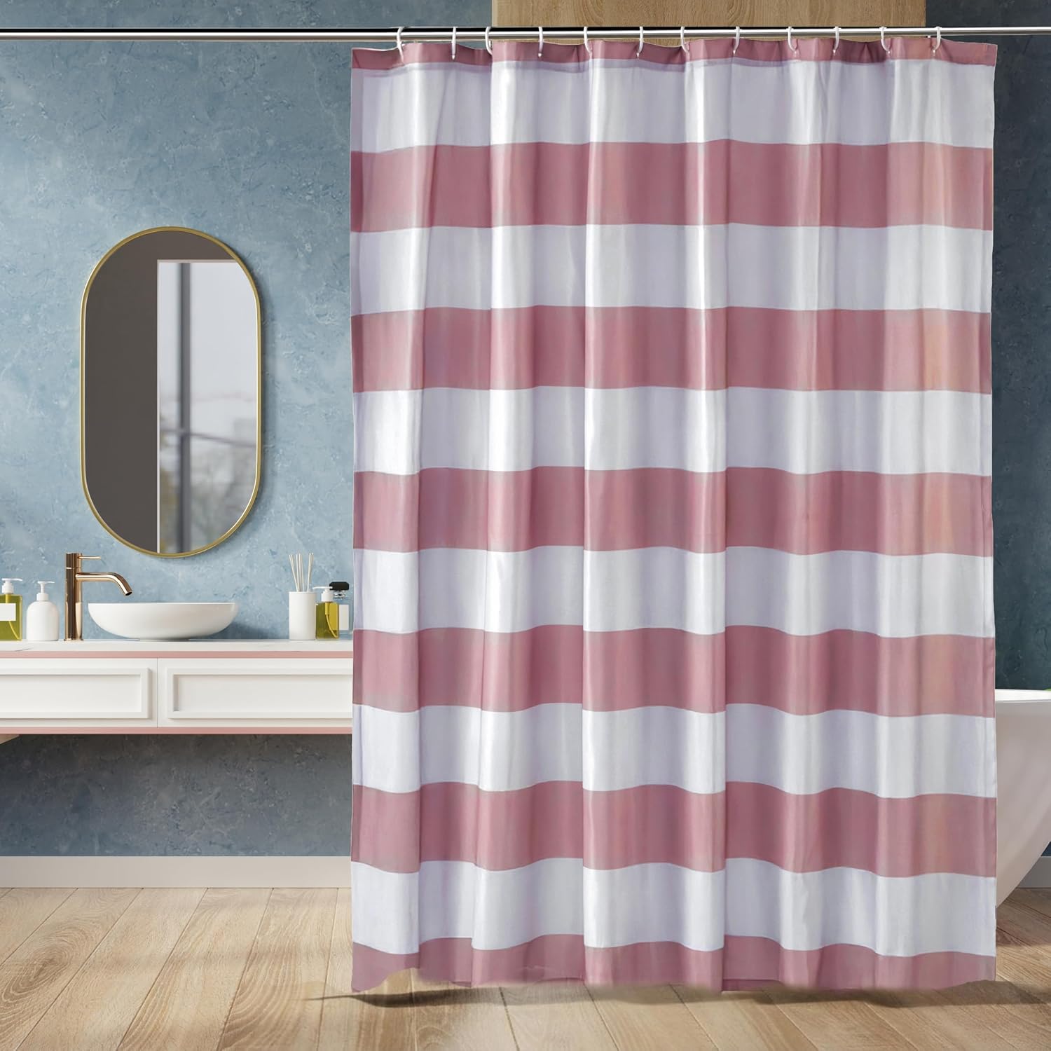 Amazon Basics Fabric Shower Curtain with Eyelets and Hooks 183 x 183 cm Light Brown/Beige Grey Striped