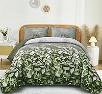 Vista 9 de Juego de colcha de tamaño matrimonial de WONG BEDDING, colcha floral color teja, 3 piezas, colcha de verano con hojas botánicas, colcha ligera