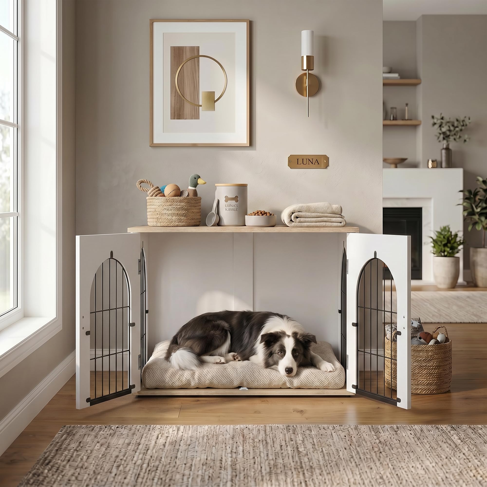 PawHut Gabbia per cani Arco Doppia Porta Dimensione Media, 80 x 56 x 59 cm, Bianco | Mobile Cage Cane Interno, Metallo Robusto, Tavolino Design Moderno, Soggiorno Appartamento