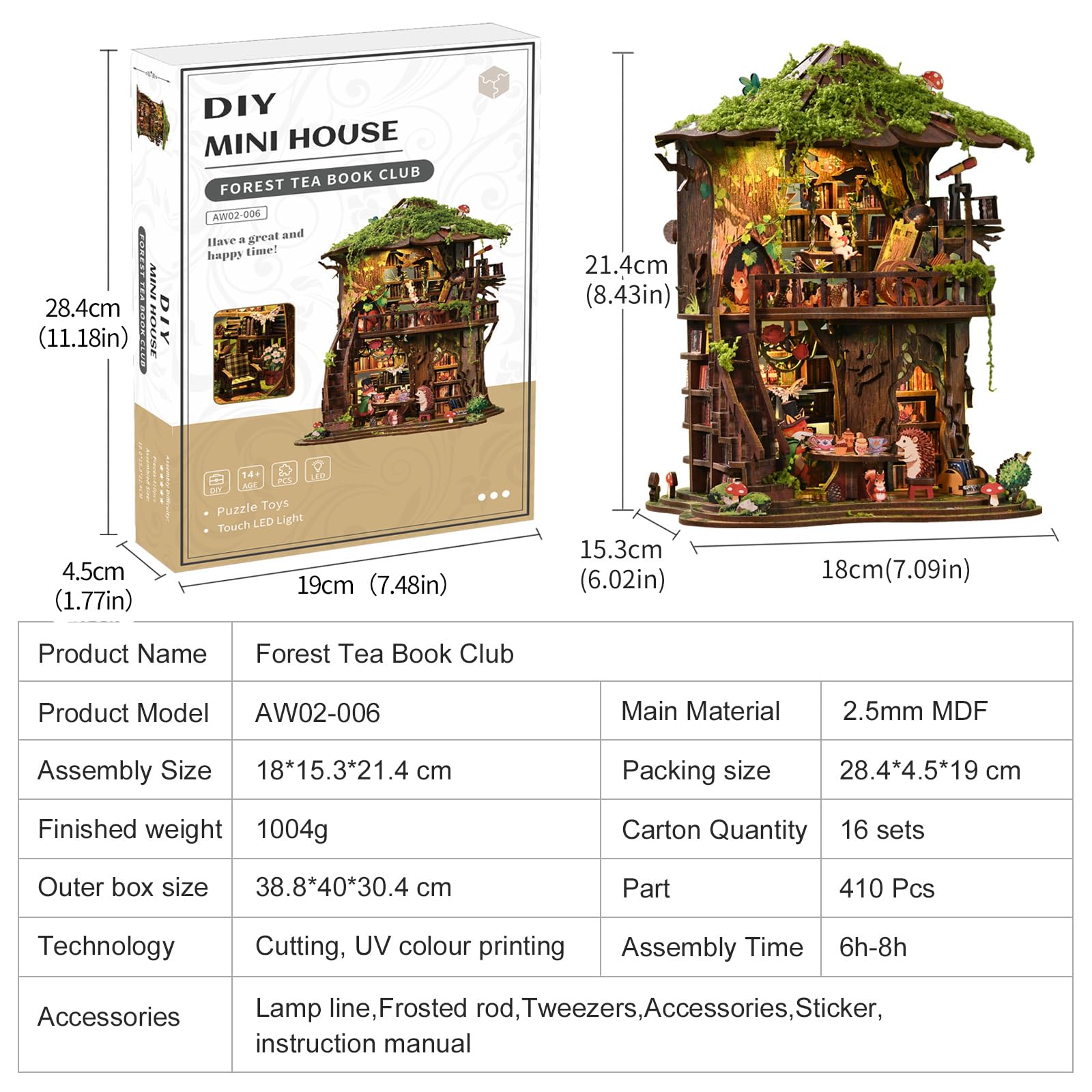 Forest Tea Book Club DIY Miniaturowy zestaw podpórek do książek, drewniane puzzle 3D ze światłem LED, zestaw do budowania dla dorosłych, idealny prezent dla miłośników książek (AW02-006)