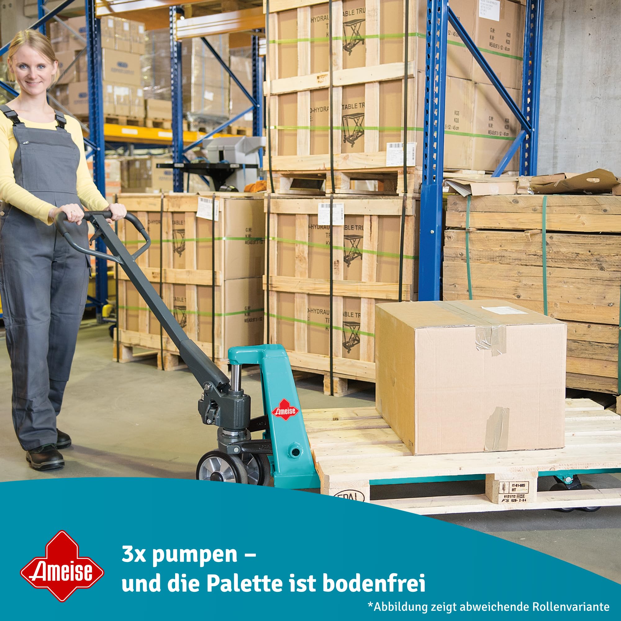 Ameise Hubwagen PTM mit Schnellhub bis 120 kg | 2.000 kg Tragkraft | 1.150 mm Gabellänge | Lenkrad/Gabelrolle aus verschleißarmen Nylon | Einfach-Gabelrollen | Palettenhubwagen
