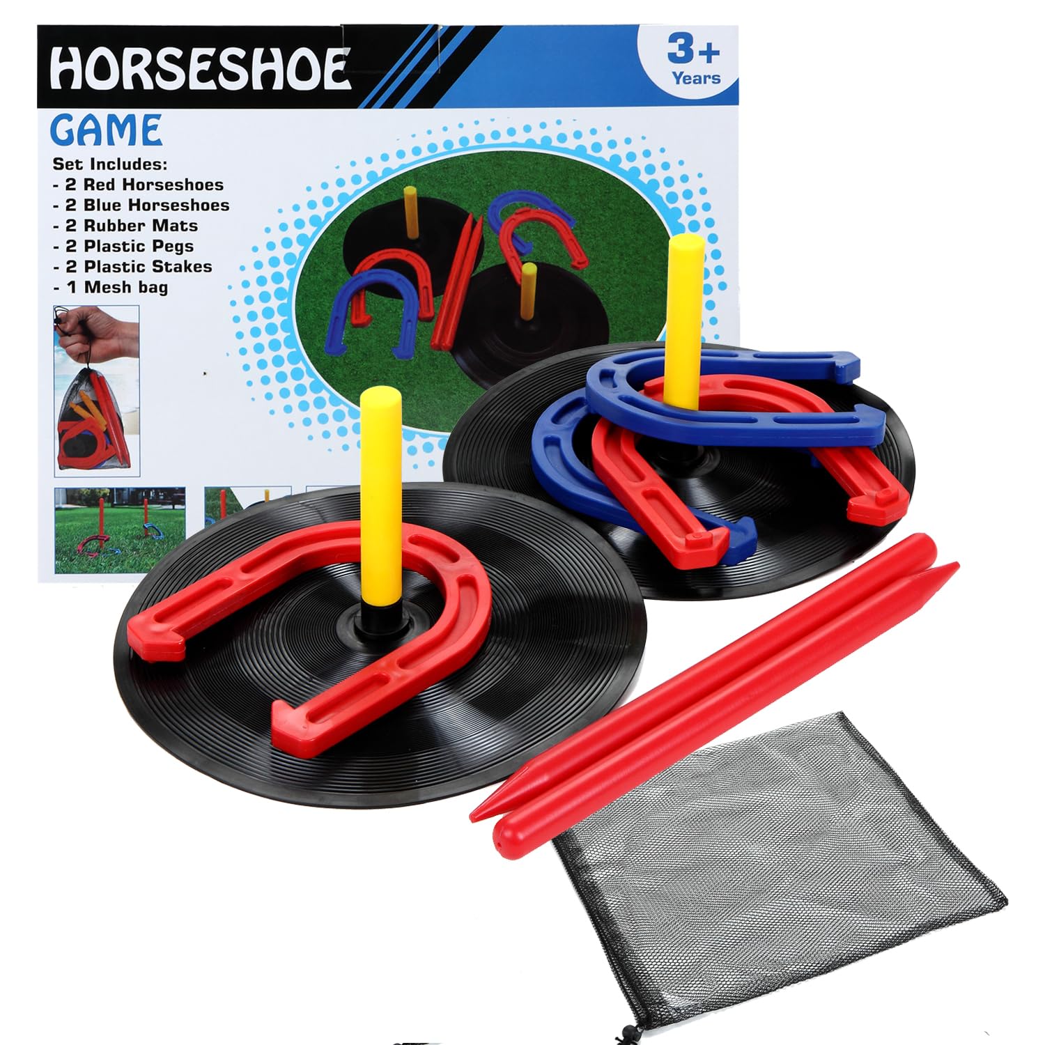 Win SPORTS Gummi-Hufeisen-Set für den Innen- und Außenbereich, enthält 4 Hufeisen, 2 Heringe, 2 Gummimatten, 2 rote Kunststoffdübel, Strandspiele, perfekt für Heckklappe, Camping, Hinterhof, Spaß für