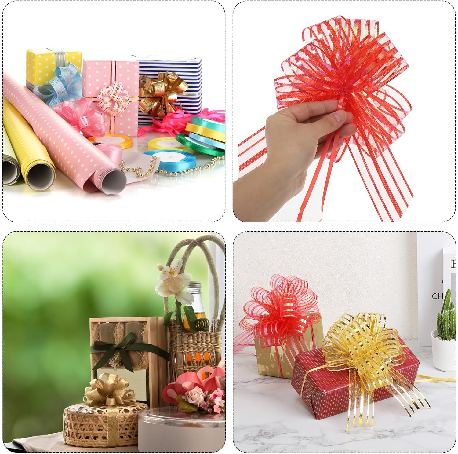 MECCANIXITY 5pcs 4 Inch Organza Large Pull Bow Metallic Gift Wrapping Bows Ribbon Chiffon Yarn Gold for Wedding Baskets Presents Christmas Valentine's Day - Image 6