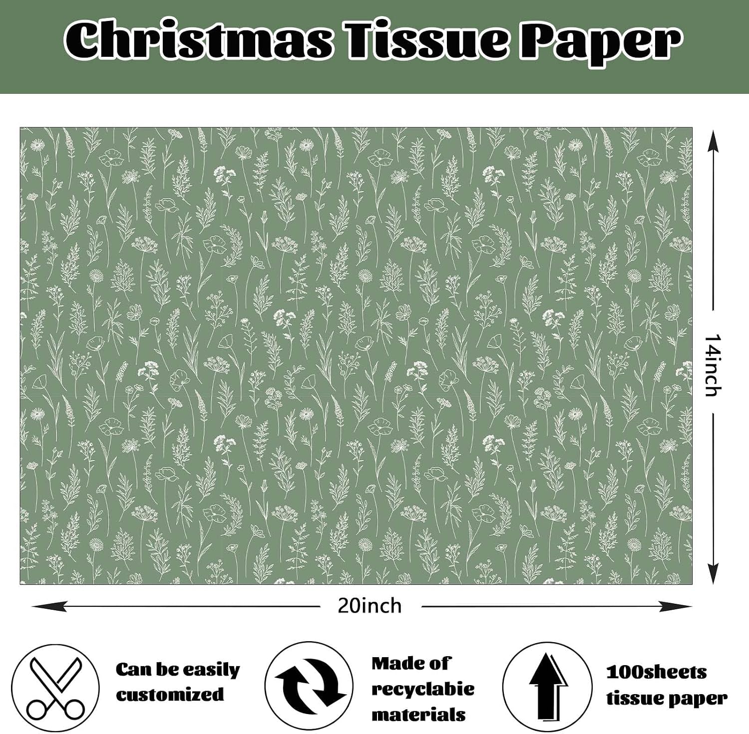 Bolsome 100Pcs Botanical Tissue Paper for Gift Wrapping Green Wildflower Tissue Paper for Gift Bags Decorative Tissue Paper for Wedding Bridal Shower Spring Summer Holiday DIY Craft, 20 × 14 Inch