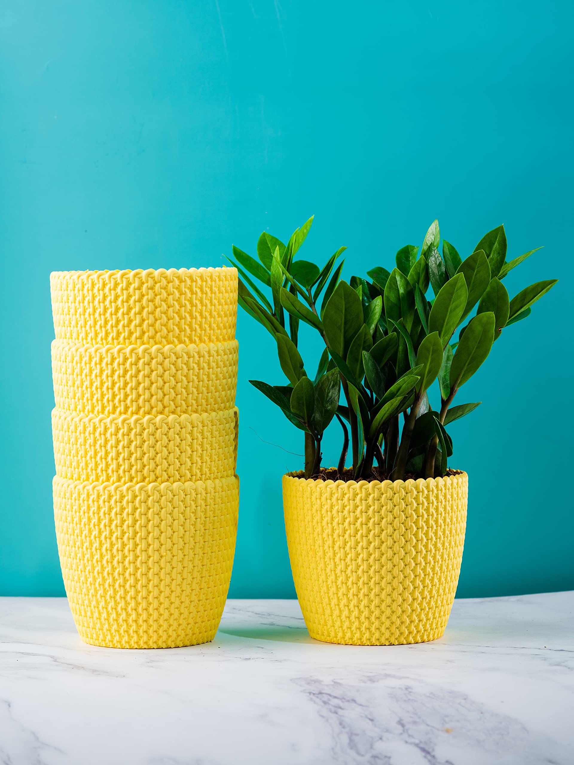 Nurturing Greenยฎ Combo of 5 Yellow 'Purl' Plastic Planters (5.5 Inch Wide) for Indoor & Outdoor Use | Planter Pot Set for Home, Livingroom & Balcony Decor