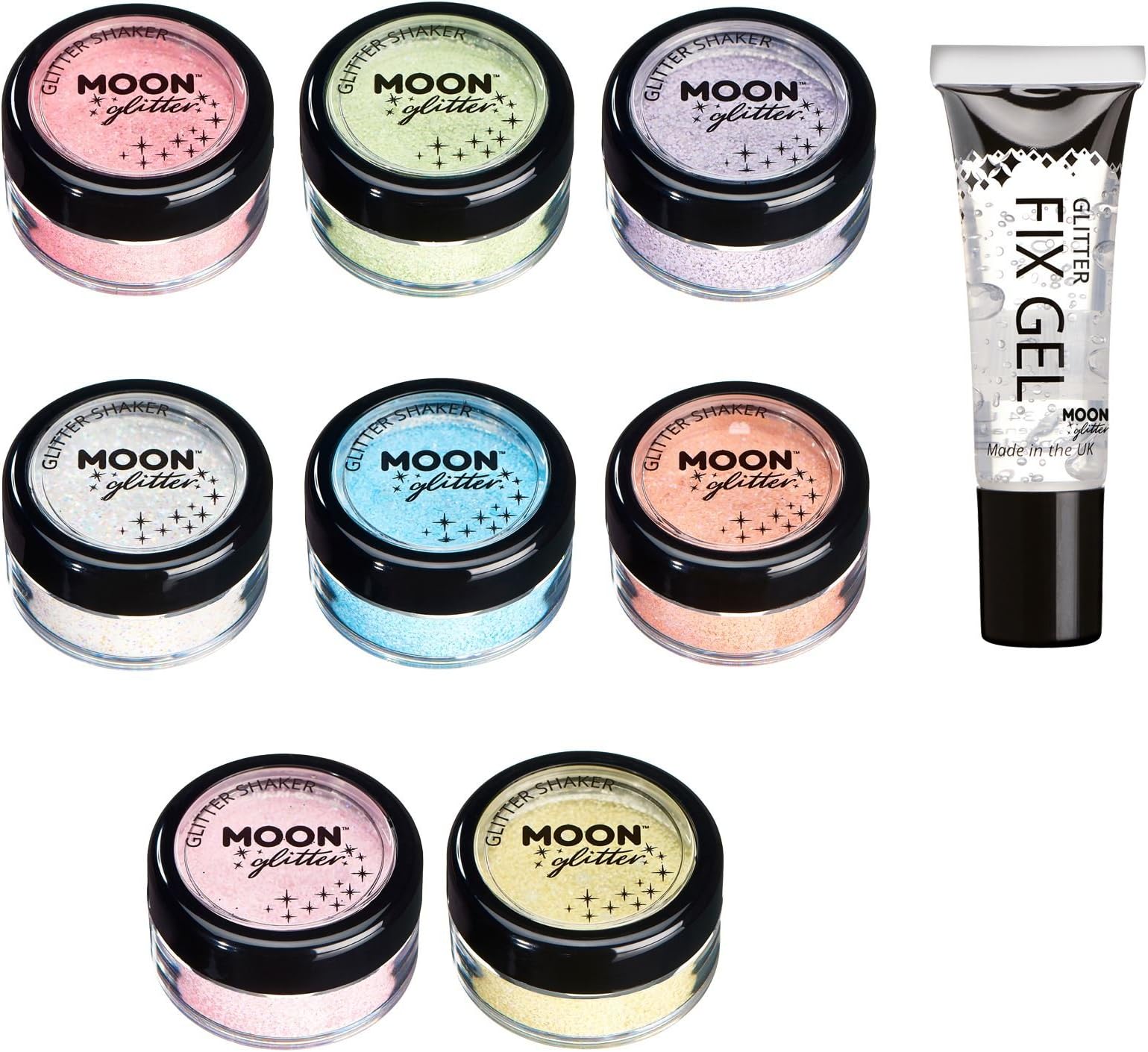 Pastel Glitter Shakers by Moon Glitter - Set of 8 Colours + Fix Gel - Cosmetic Festival Makeup Glitter for Face, Body, Nails, Hair, Lips - 5g