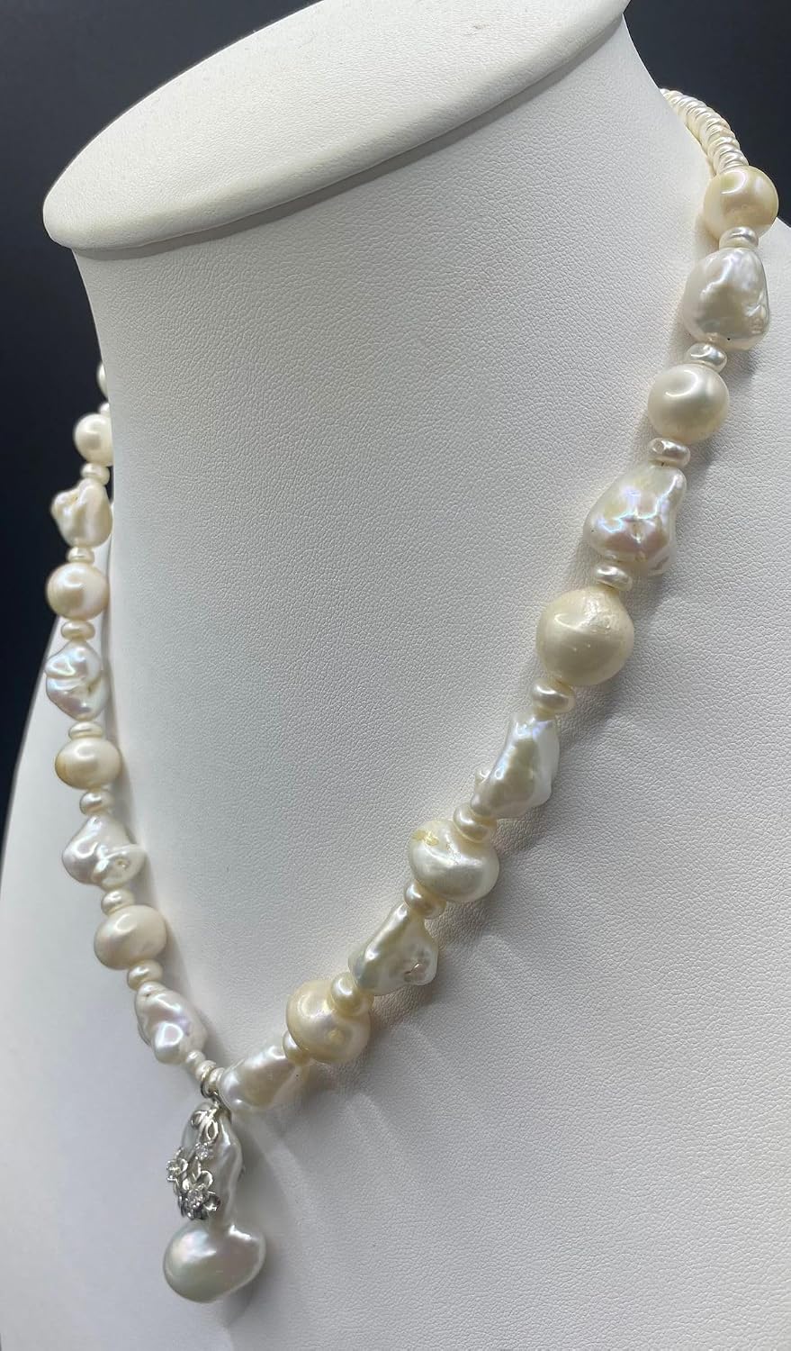 Handmade Freshwater Baroque Pearl Necklace for Women | 19 Inch Natural White Pearl Strand with Large Pendant & Silver Detailing | Elegant Bridal Jewelry| 65g