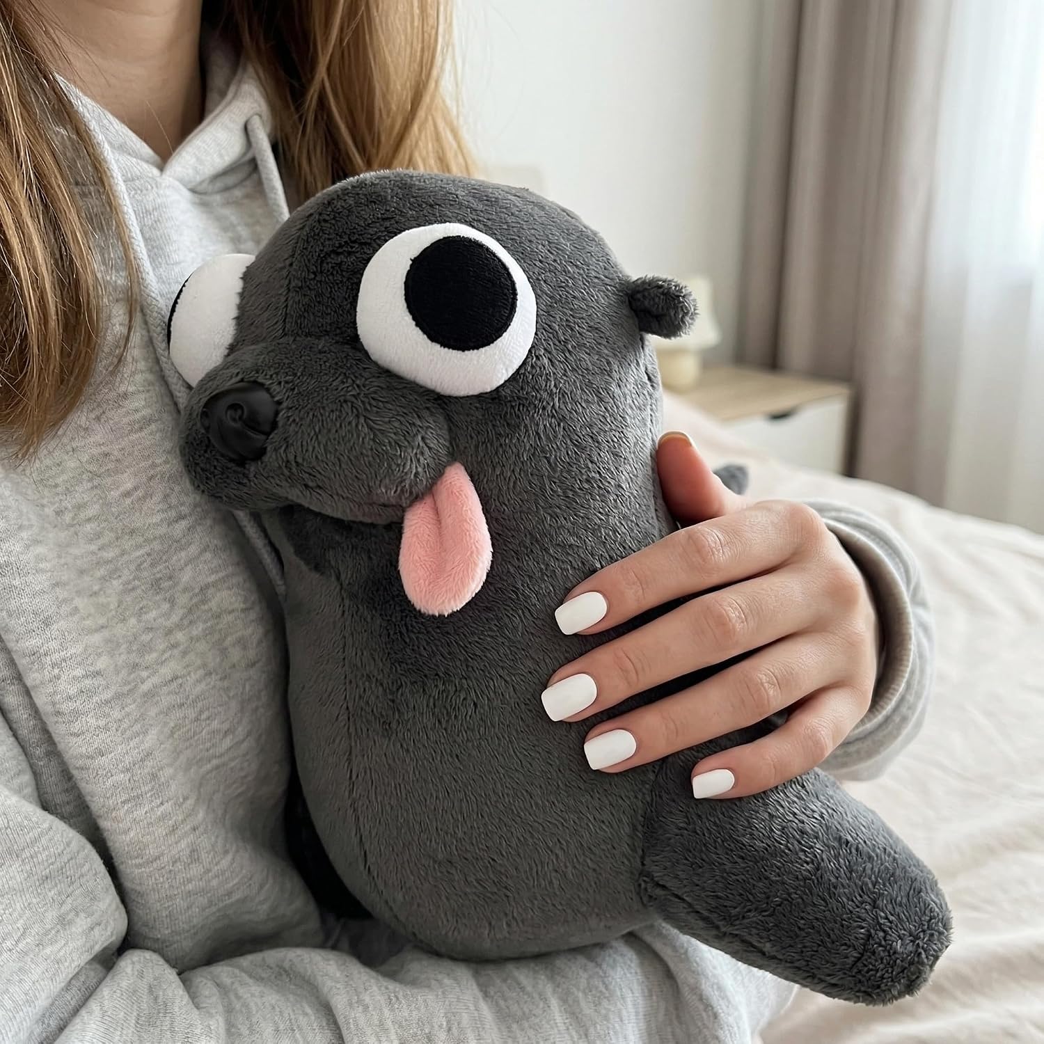 Funny Gray Seal Plush Toy - Goofy Big-Eyed Stuffed Animal with Tongue Out, Soft Cuddly Seal Companion for Kids & Adults, Cute Silly Marine Plushie (Grey 9 inch)