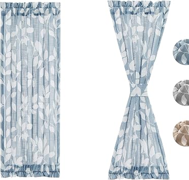 Treatmentex Side Light French Door Curtains 72" Long Blue White Leaf Window Curtains for Glass Door Linen Texture Privacy Front Back Door Panel Set 26" w x 2 Panels