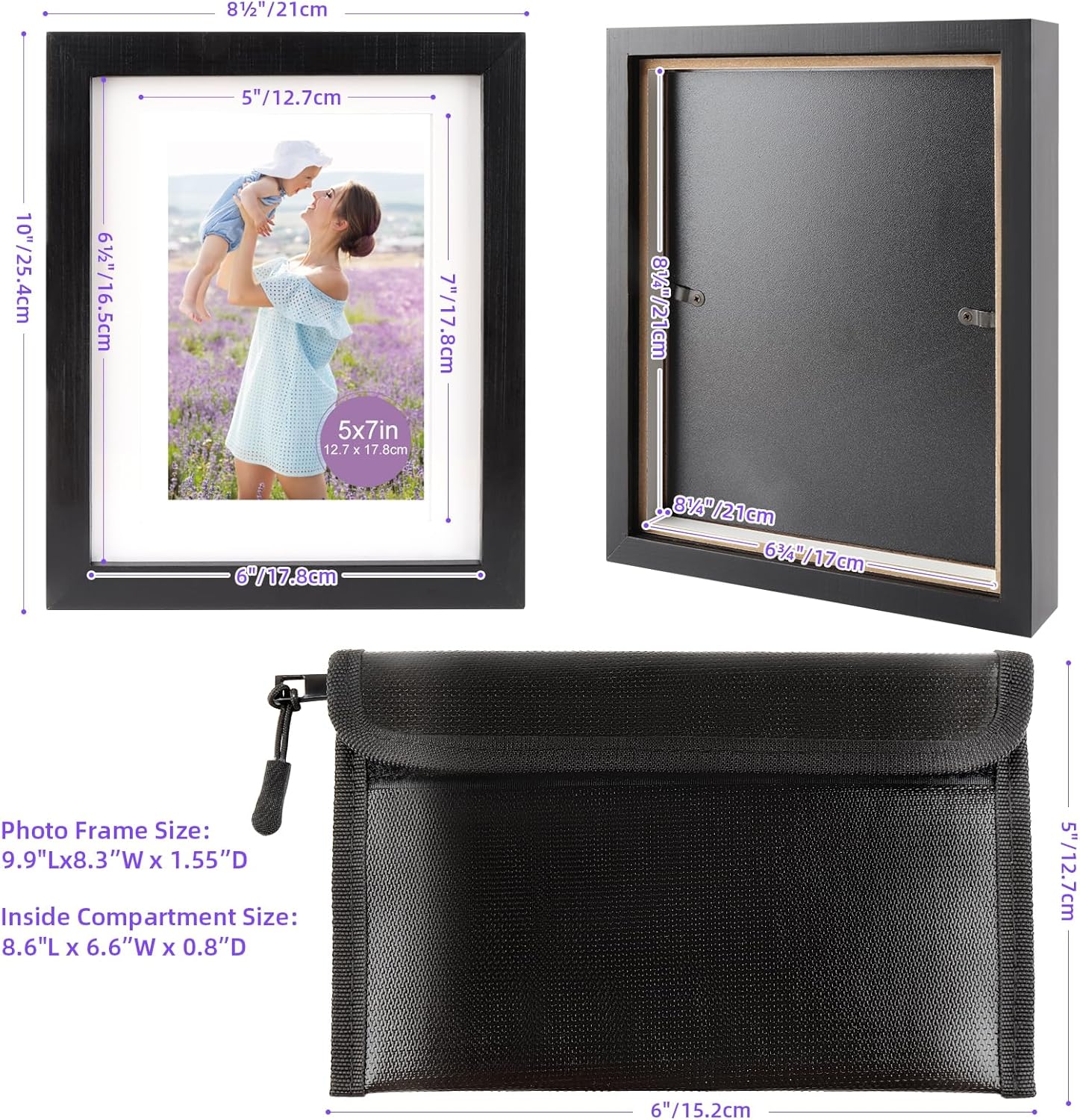 Photo Picture Frame Diversion Safe with Money Bag, 5"x7" Hidden Secret Safe Hide Hiding Safe Storage Box Compartment Stash Container Hiding Places for Valuables Cash Money Key Hider, Black