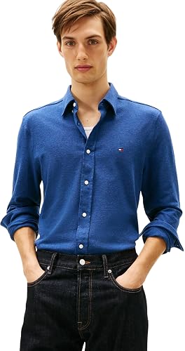 Tommy Hilfiger Camisa para homem Knit Pique Featherweight com botões, verde (índigo Heather), L : Am