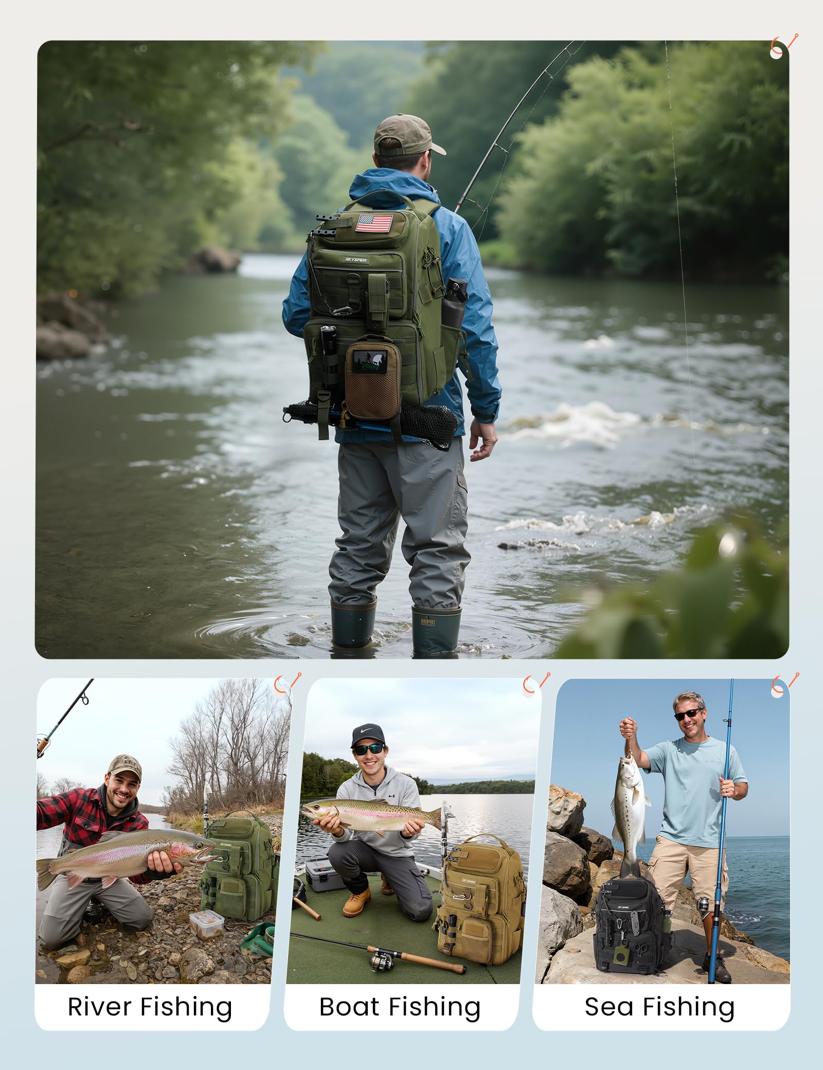SKYSPER Sac à dos de pêche 40 L pour le rangement de matériel et d'équipement de pêche
