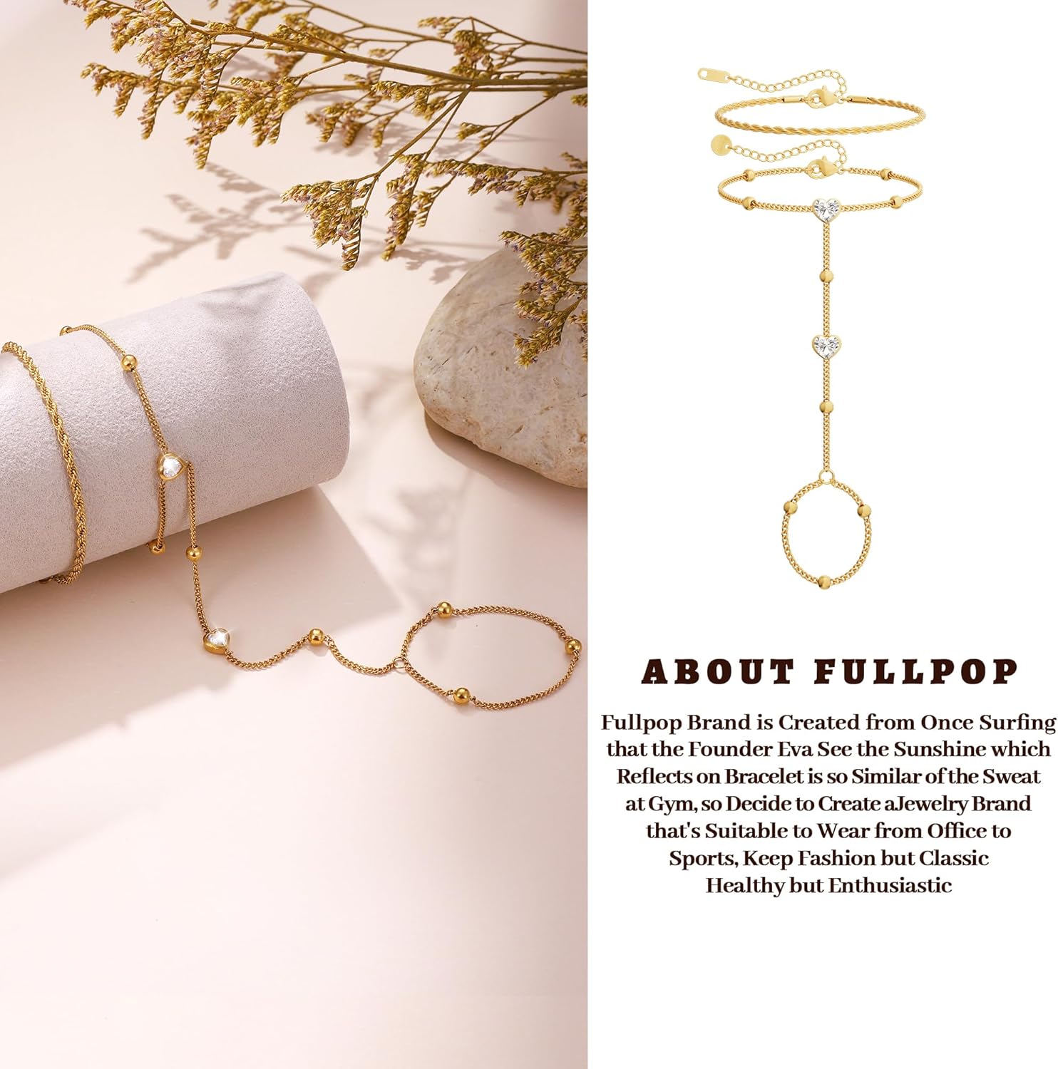 Fullpop Gold Hand Chain Bracelet for Women, Dainty 18K Gold Plated Ring Bracelet Hands Chain Stackable Bracelets for Women CZ Heart Pendant Beaded Hand Bracelets for Women Non Tarnish Jewelry for Her - Image 6