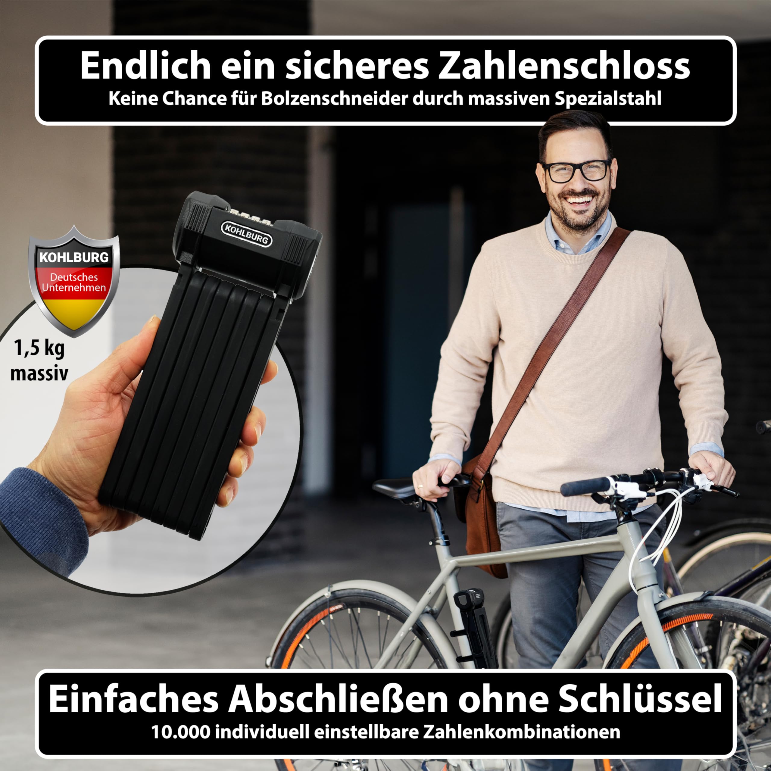 KOHLBURG 110cm Fahrrad Faltschloss Zahlen [Bolzenschneider-sicher] mit Zahlencode & Halterung – Fahrrad Zahlenschloss – Fahrradschloss Zahlenschloss hohe Sicherheit – Bike Lock & e Bike Schloss